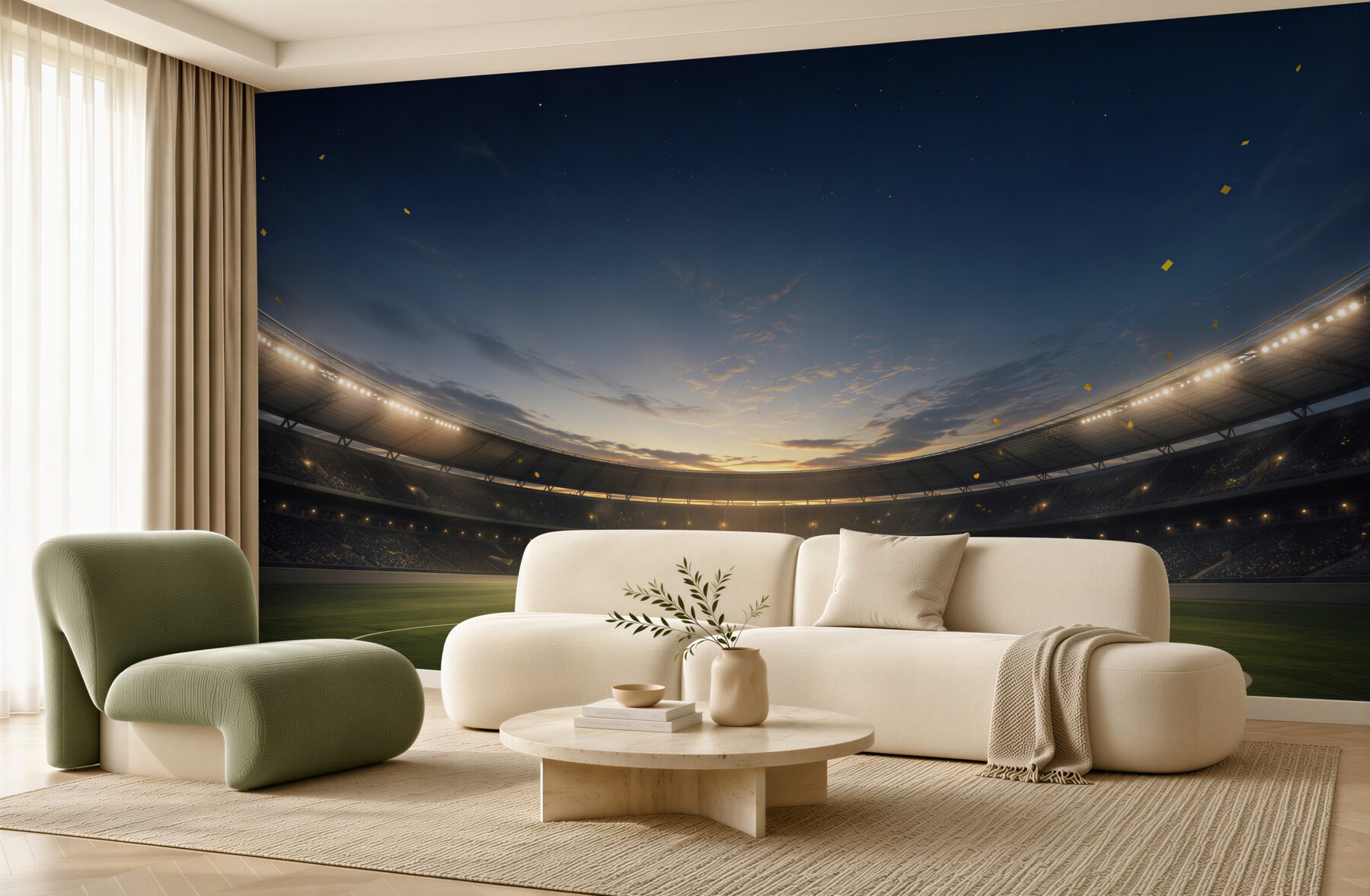 Fototapeta stadion piłkarski z piłką o zachodzie słońca do pokoju fana futbolu?v23