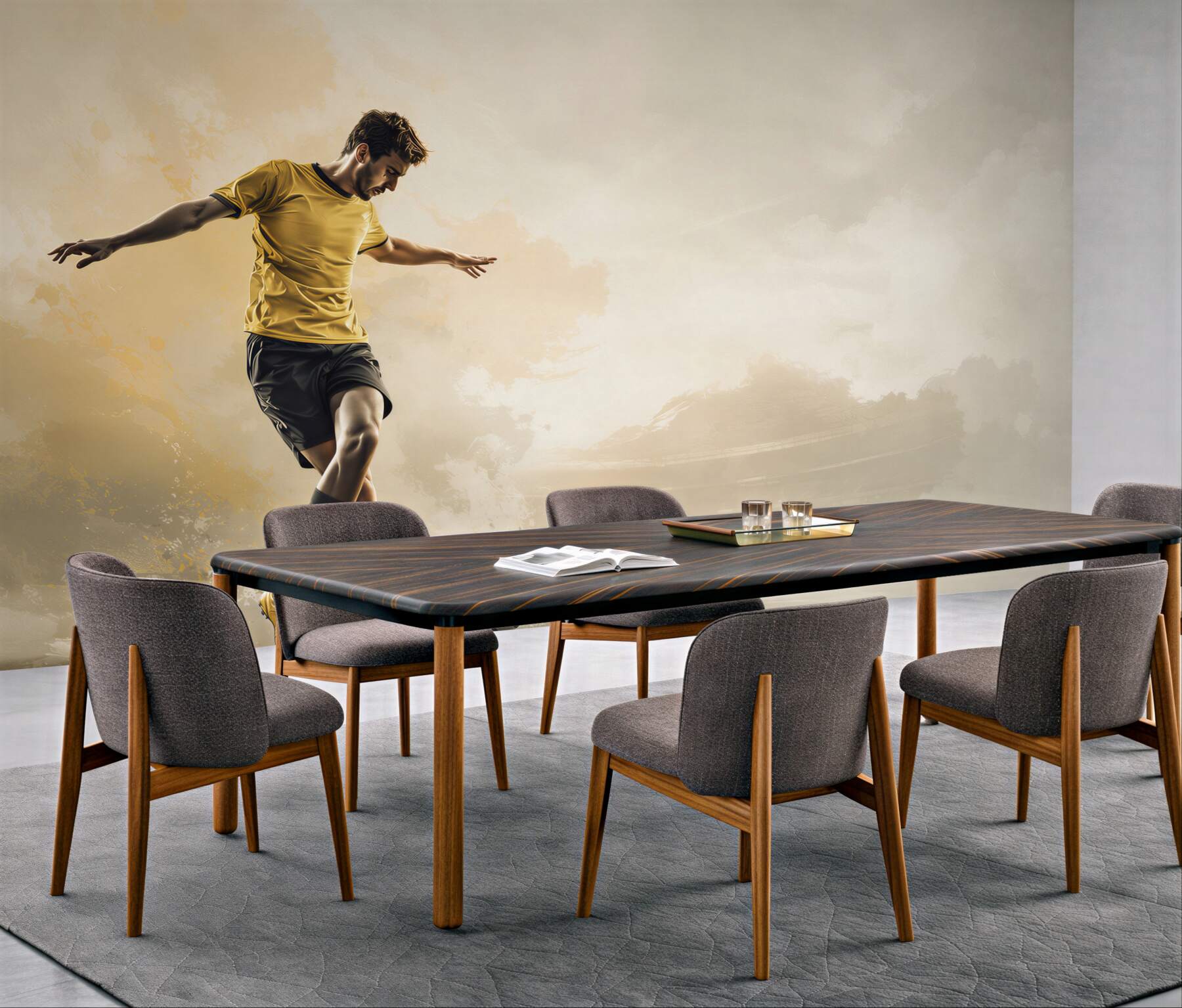 Fototapeta piłkarz z piłką dynamiczna beżowo złota do pokoju młodzieżowego?v23