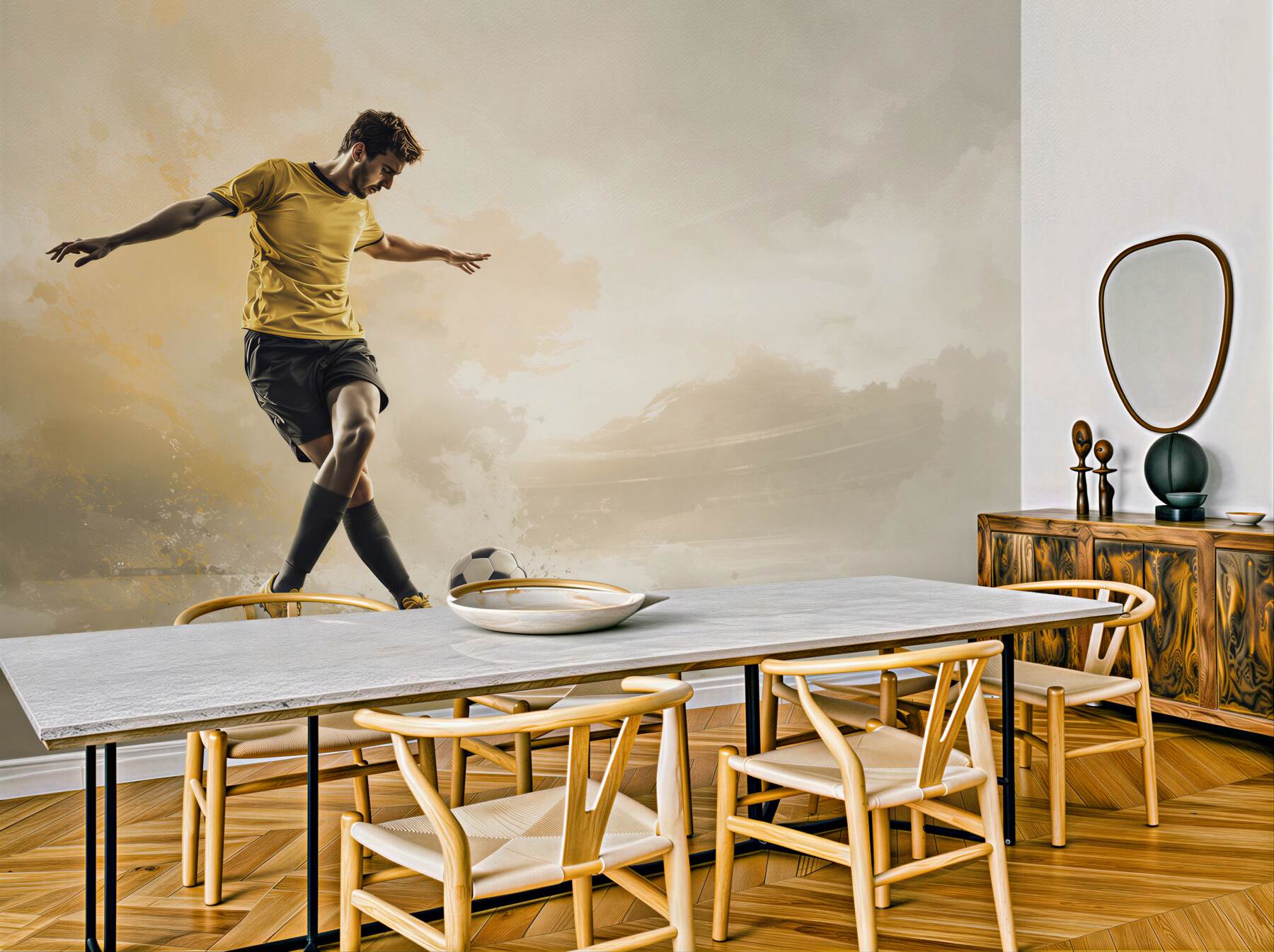 Fototapeta piłkarz z piłką dynamiczna beżowo złota do pokoju młodzieżowego?v23