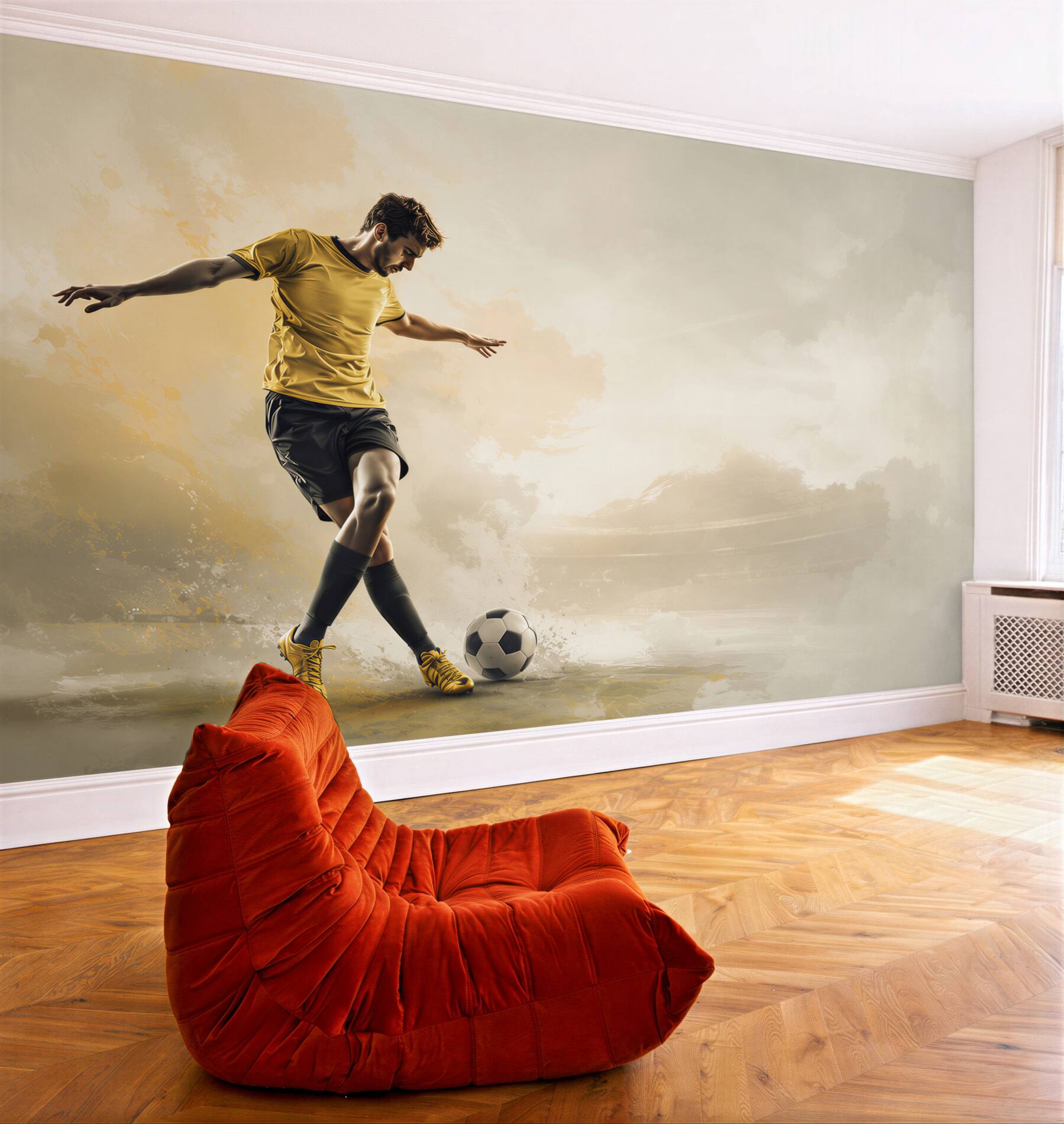 Fototapeta piłkarz z piłką dynamiczna beżowo złota do pokoju młodzieżowego?v23