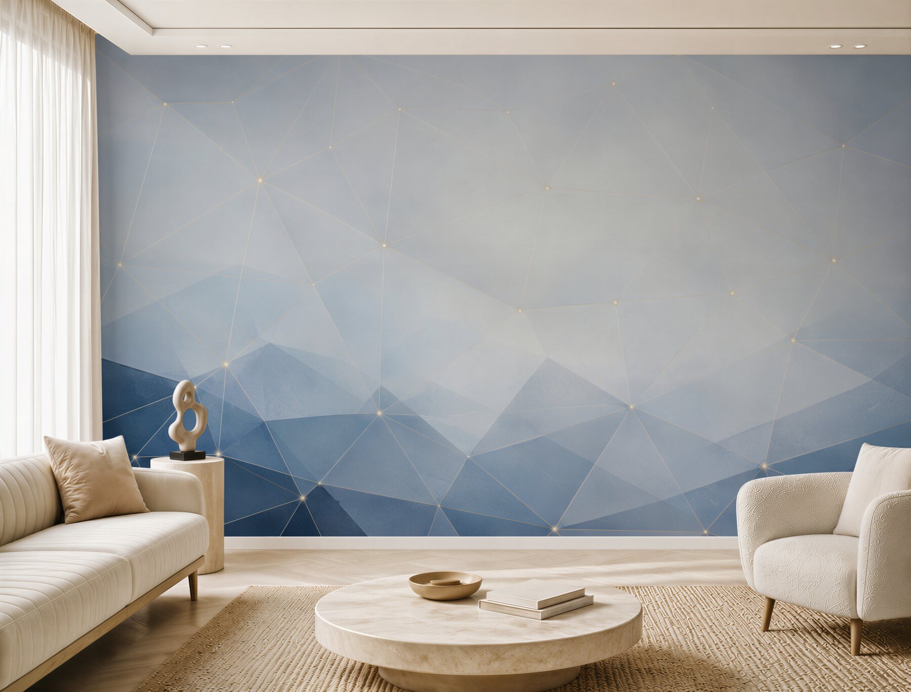 Fototapeta geometryczna abstrakcja niebieska z delikatną złotą linią nowoczesna?v23