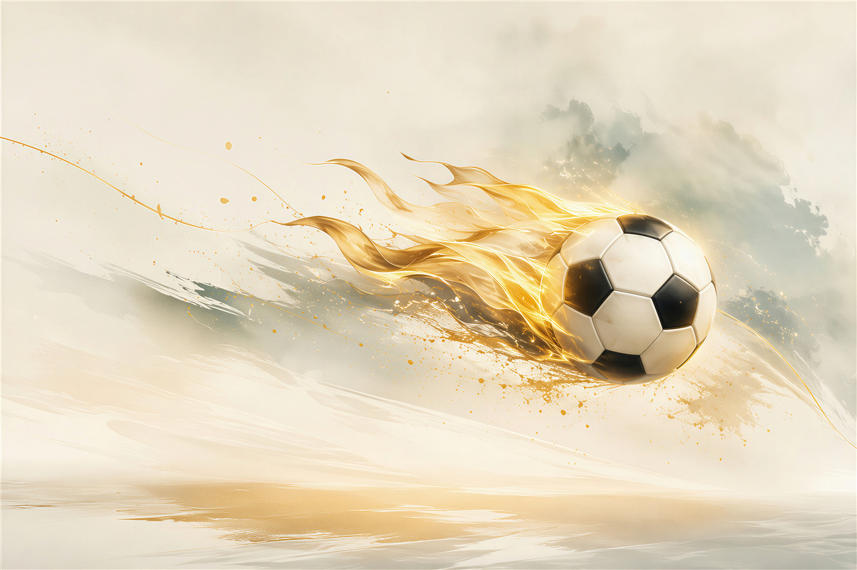 Fototapeta piłka nożna w ogniu dynamiczna beżowo złota do pokoju fana sportu