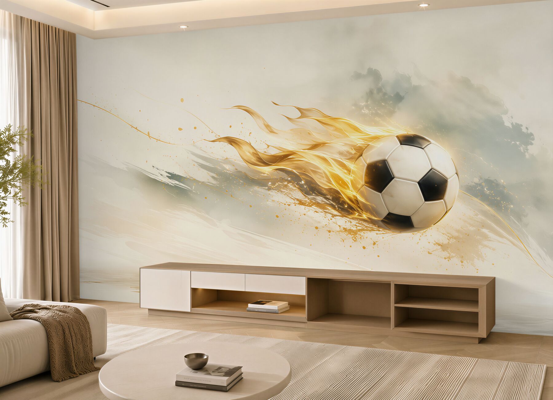 Fototapeta piłka nożna w ogniu dynamiczna beżowo złota do pokoju fana sportu?v23