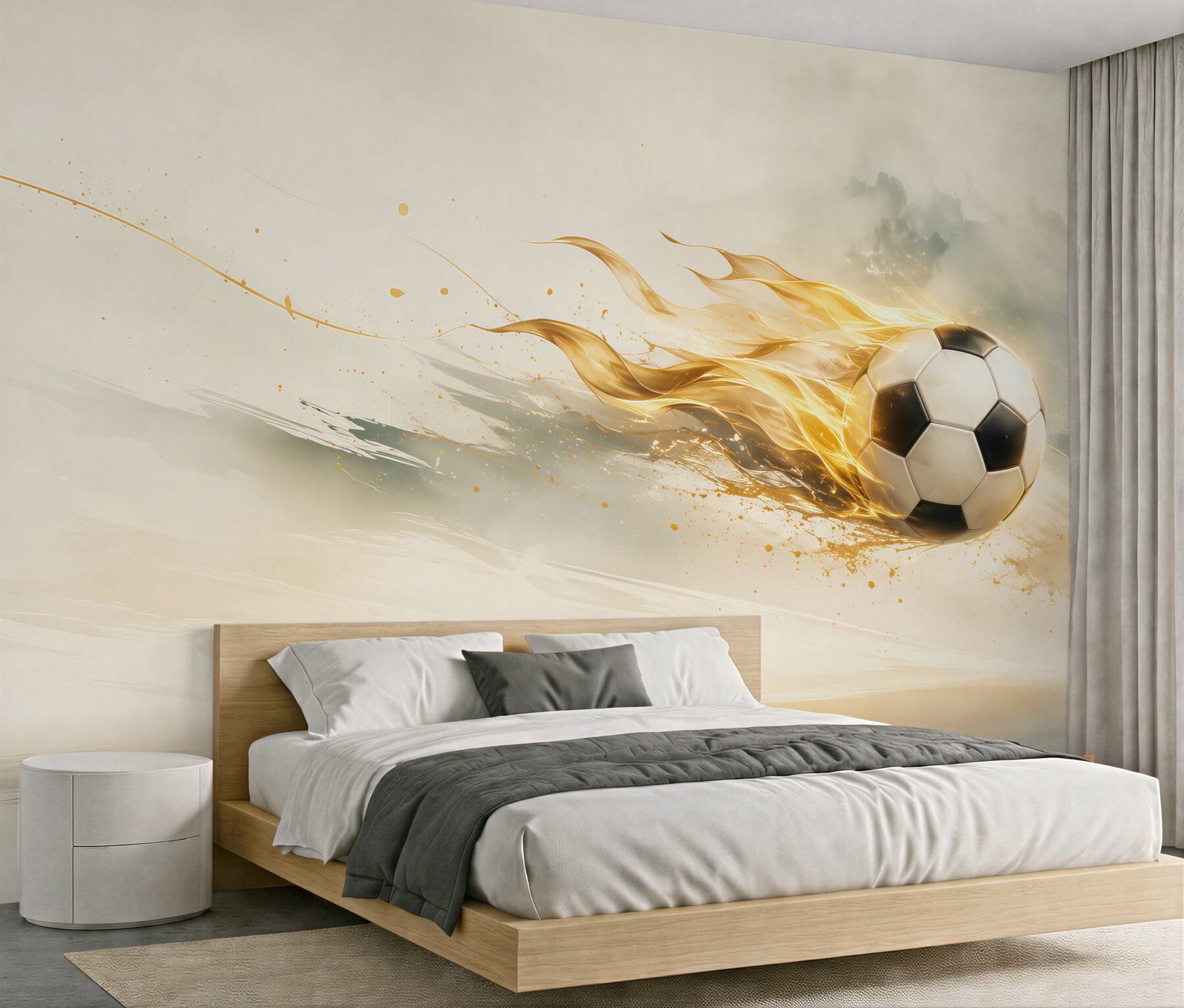 Fototapeta piłka nożna w ogniu dynamiczna beżowo złota do pokoju fana sportu?v23