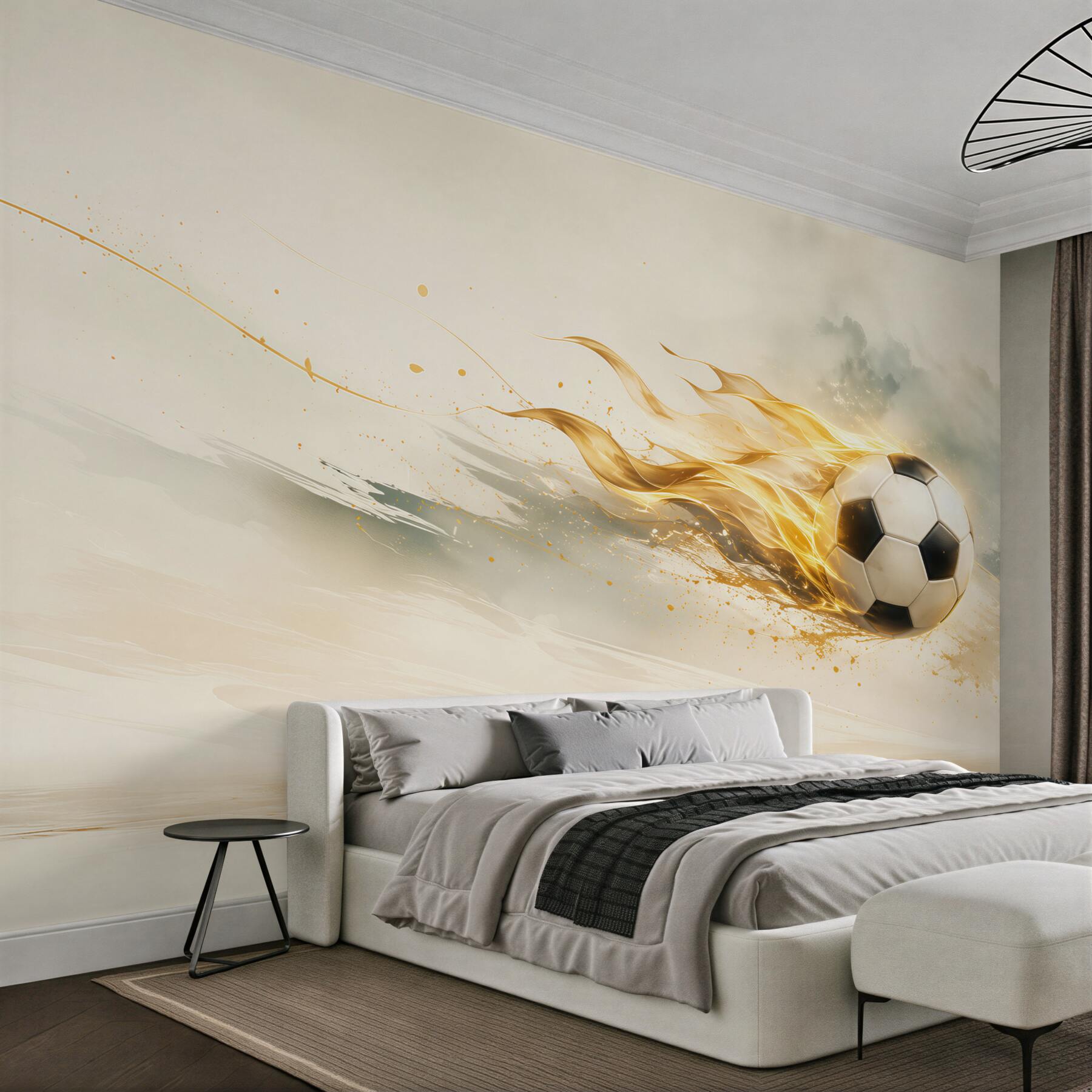 Fototapeta piłka nożna w ogniu dynamiczna beżowo złota do pokoju fana sportu?v23
