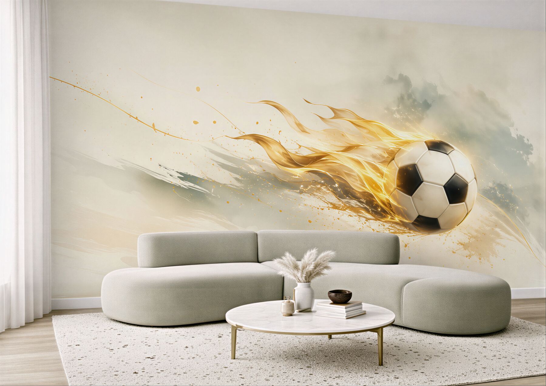 Fototapeta piłka nożna w ogniu dynamiczna beżowo złota do pokoju fana sportu?v23