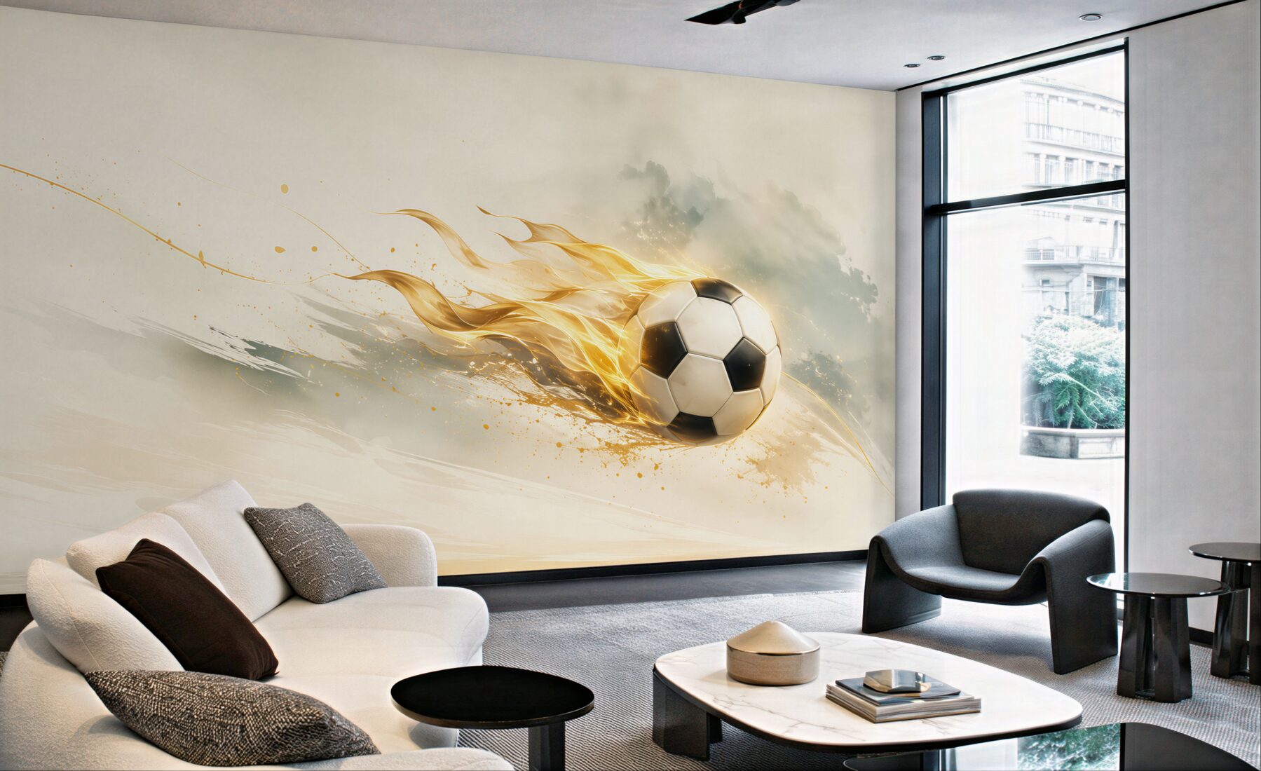 Fototapeta piłka nożna w ogniu dynamiczna beżowo złota do pokoju fana sportu?v23