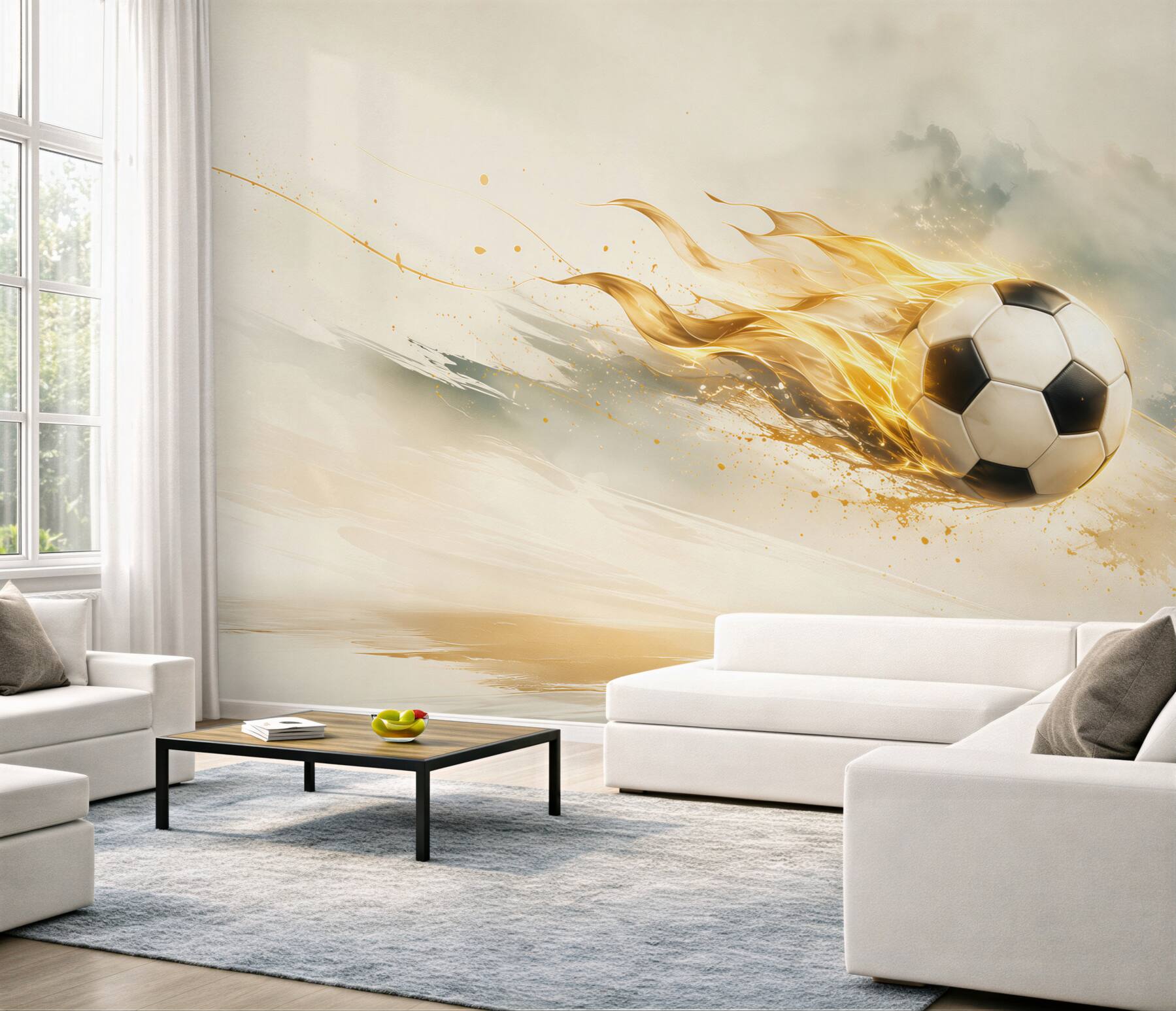 Fototapeta piłka nożna w ogniu dynamiczna beżowo złota do pokoju fana sportu?v23