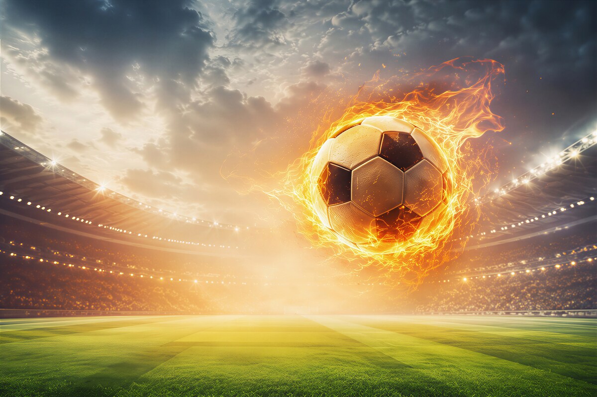 Fototapeta płonąca piłka nożna na stadionie dynamiczna sportowa
