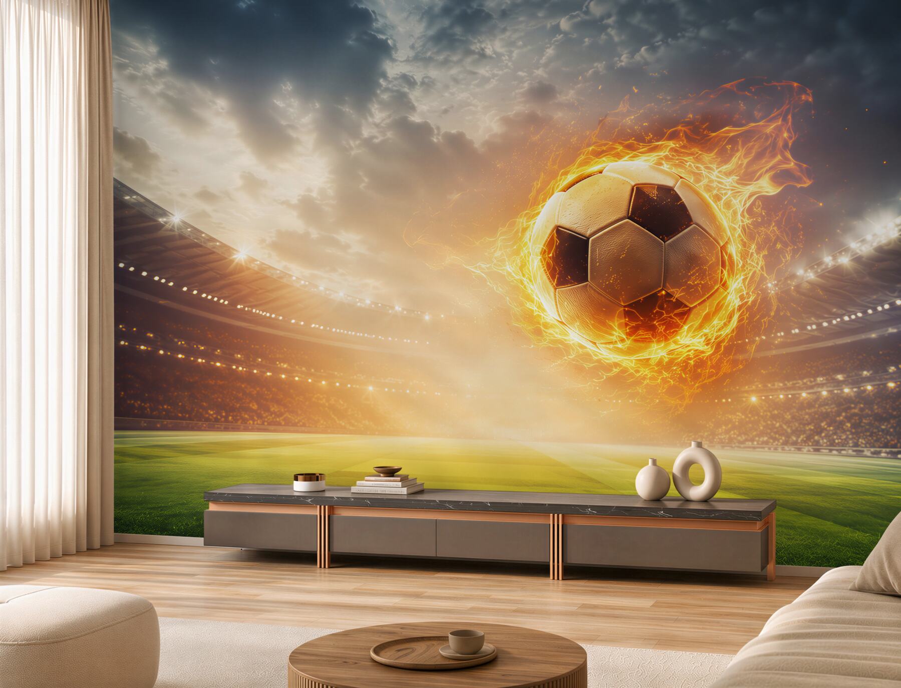 Fototapeta płonąca piłka nożna na stadionie dynamiczna sportowa?v23