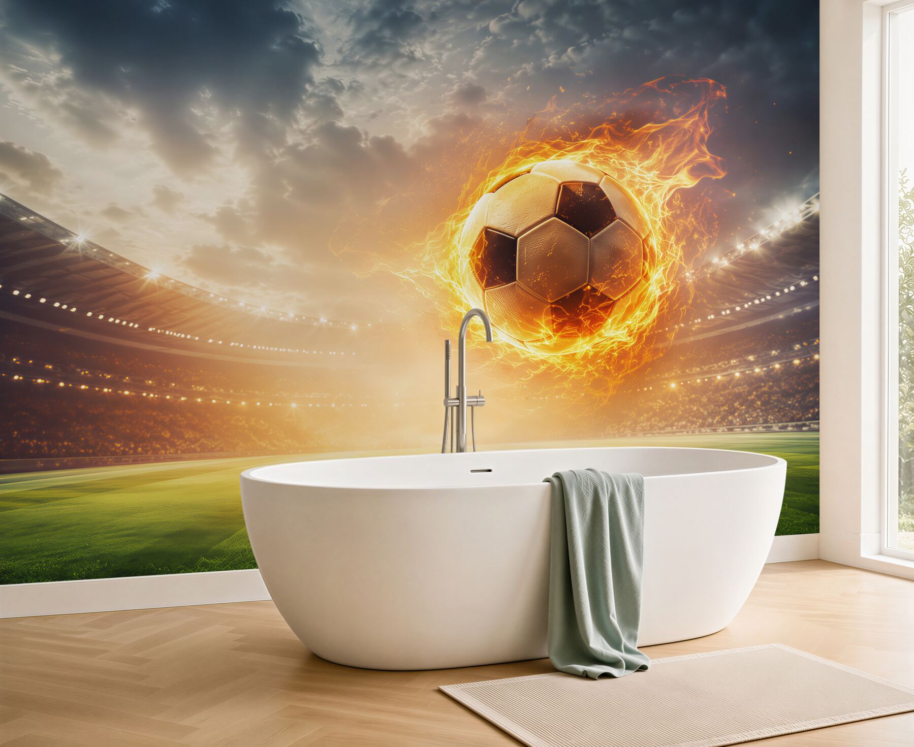 Fototapeta płonąca piłka nożna na stadionie dynamiczna sportowa?v23