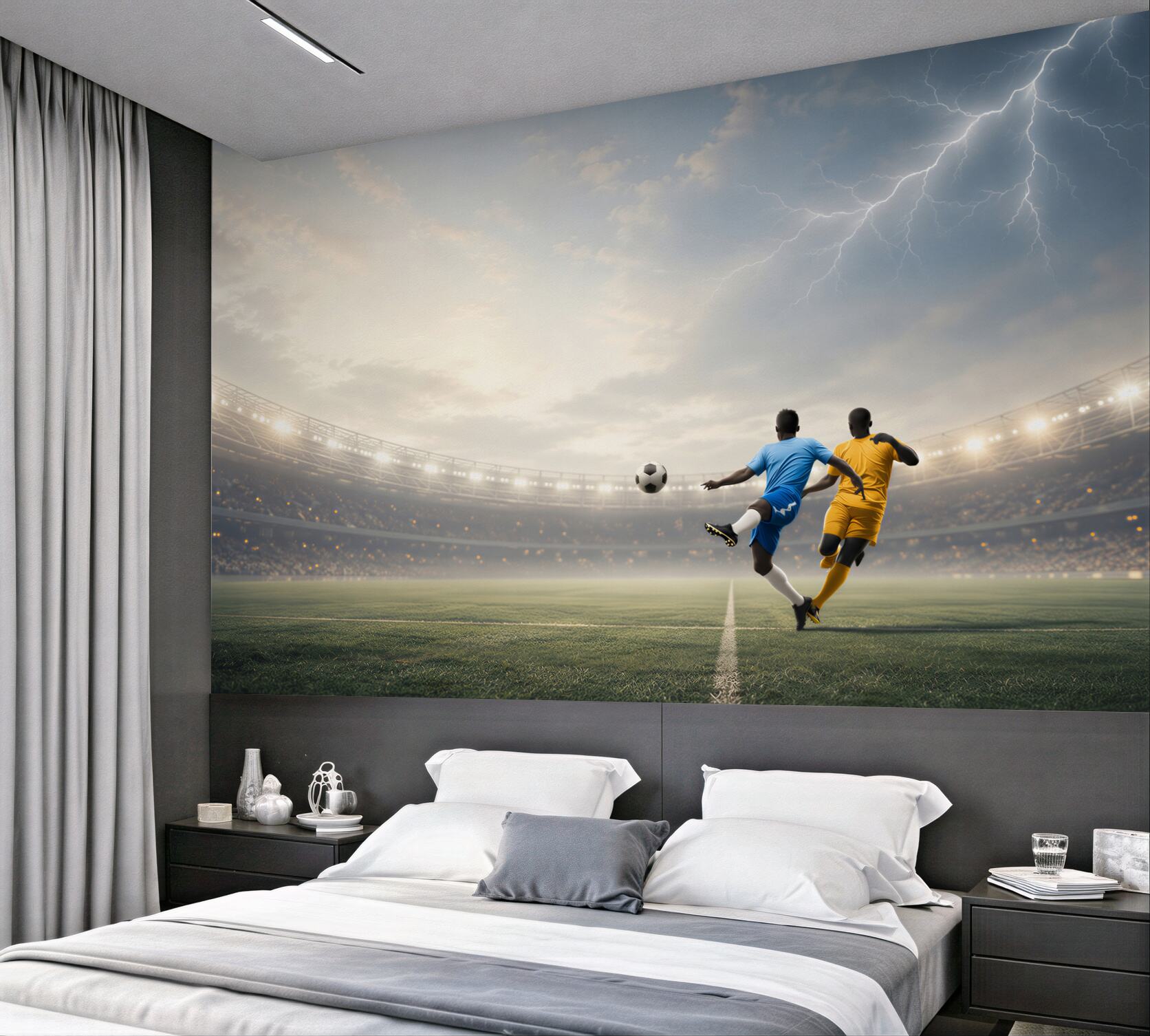 Fototapeta mecz piłki nożnej na stadionie z błyskawicą dynamiczna
