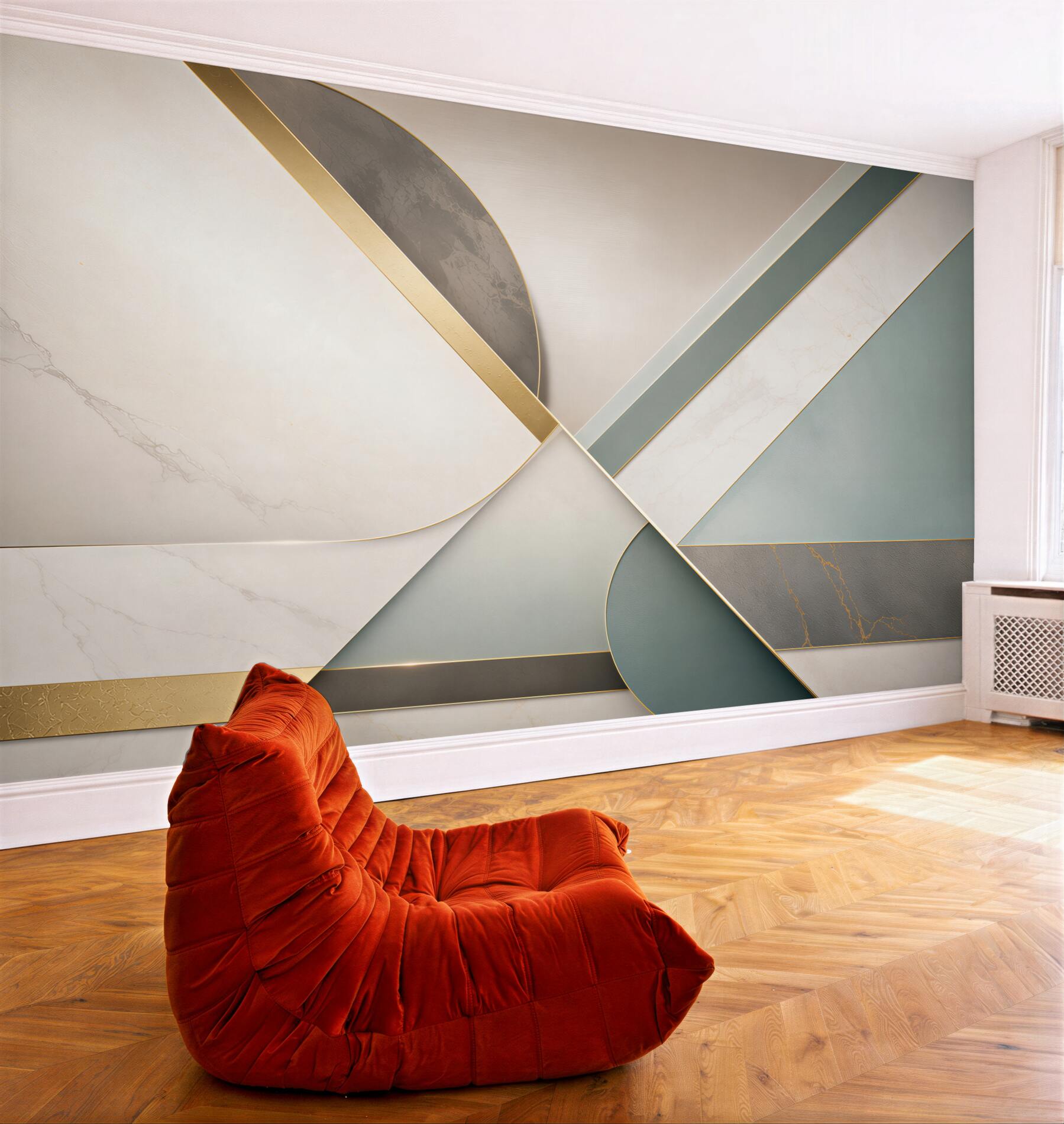 Fototapeta abstrakcja geometryczna beżowo zielona ze złotymi liniami nowoczesna?v23