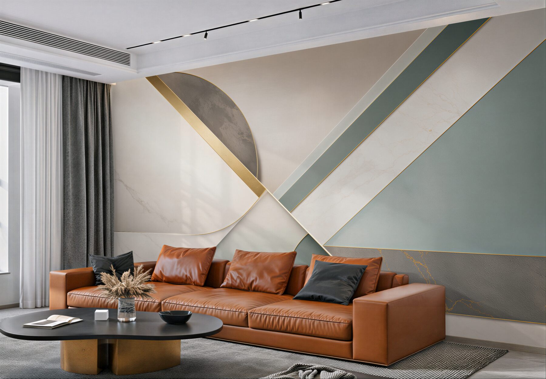 Fototapeta abstrakcja geometryczna beżowo zielona ze złotymi liniami nowoczesna?v23