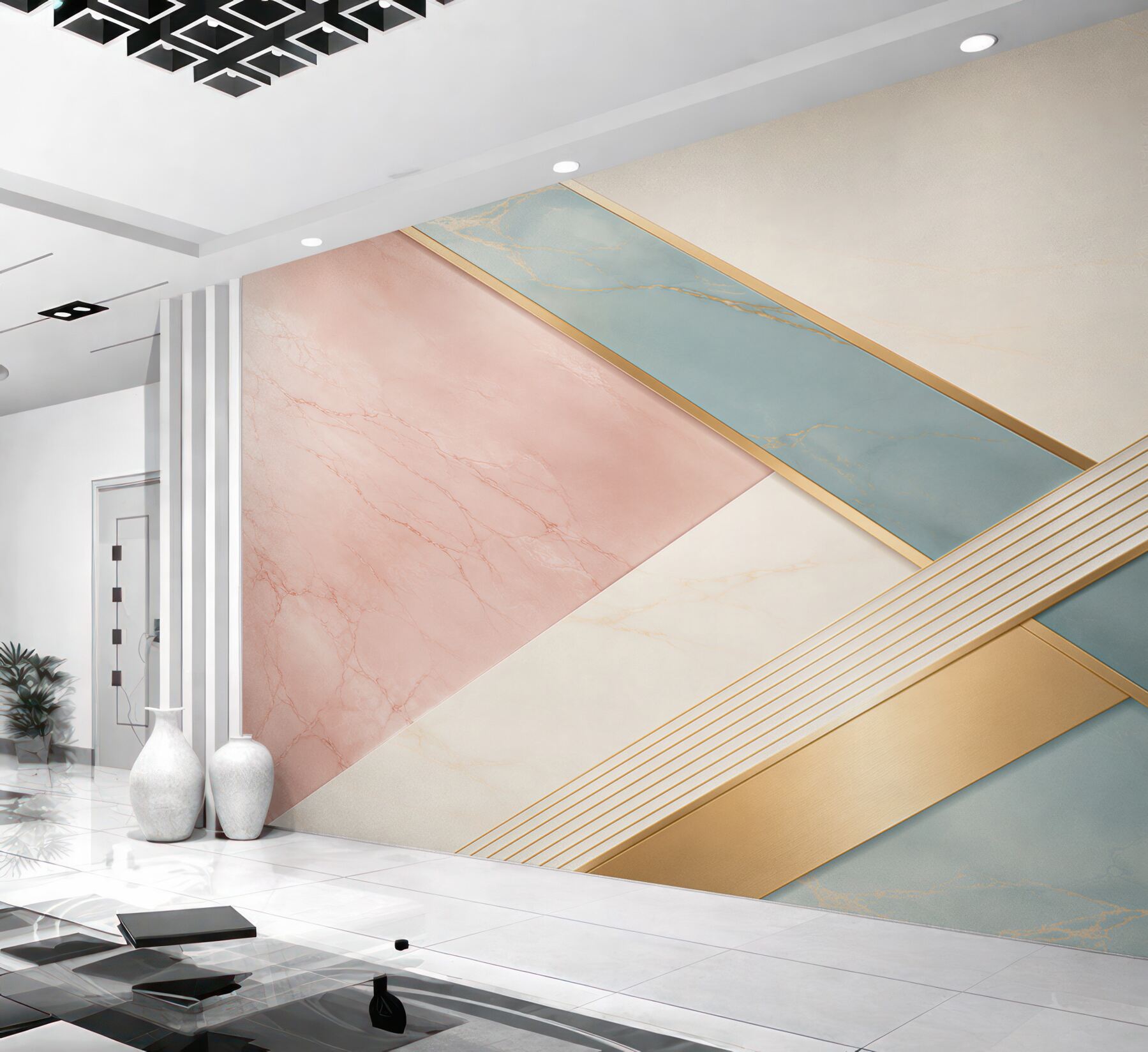 Fototapeta marmur różowo błękitny ze złotymi liniami geometryczna elegancja?v23