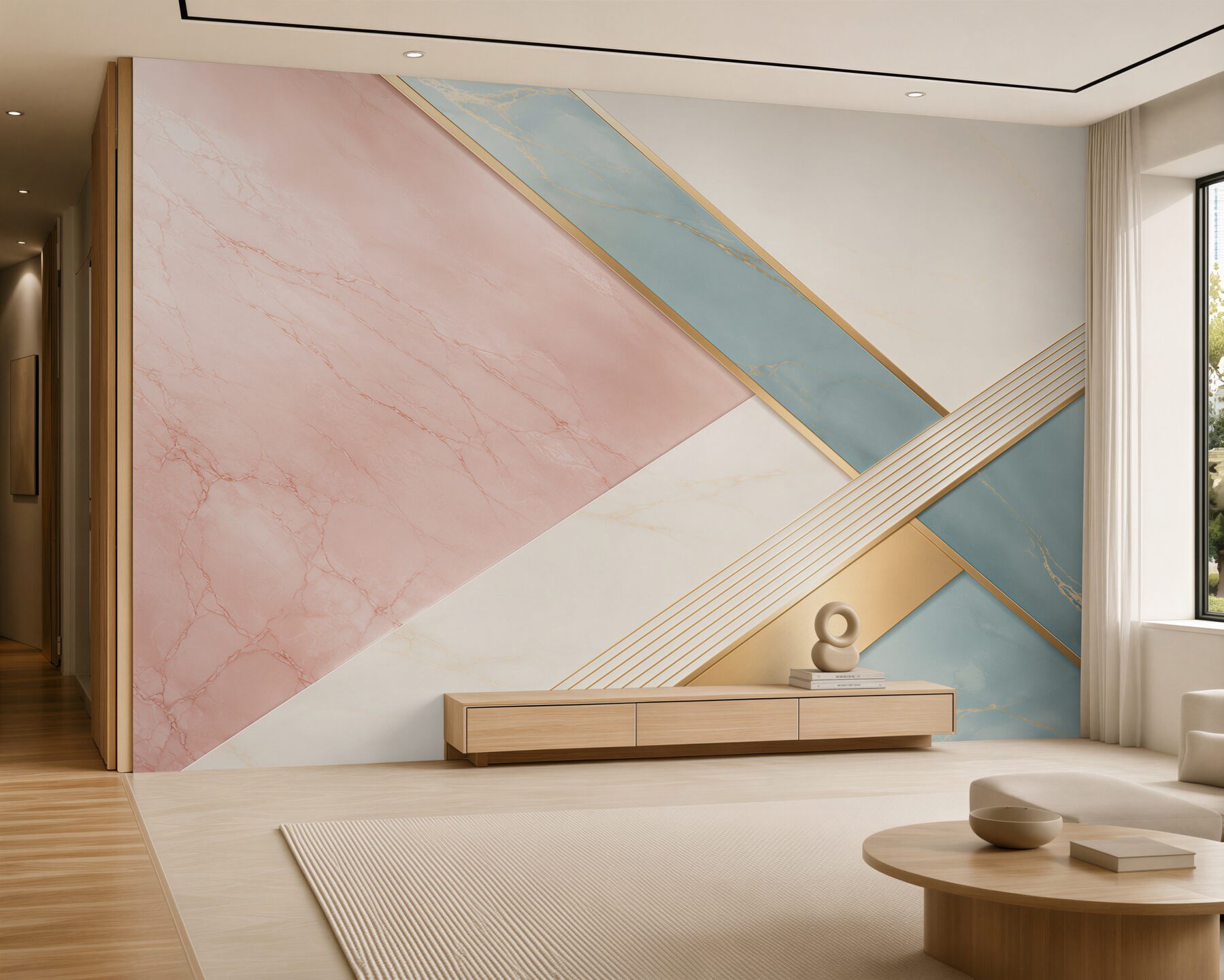 Fototapeta marmur różowo błękitny ze złotymi liniami geometryczna elegancja
