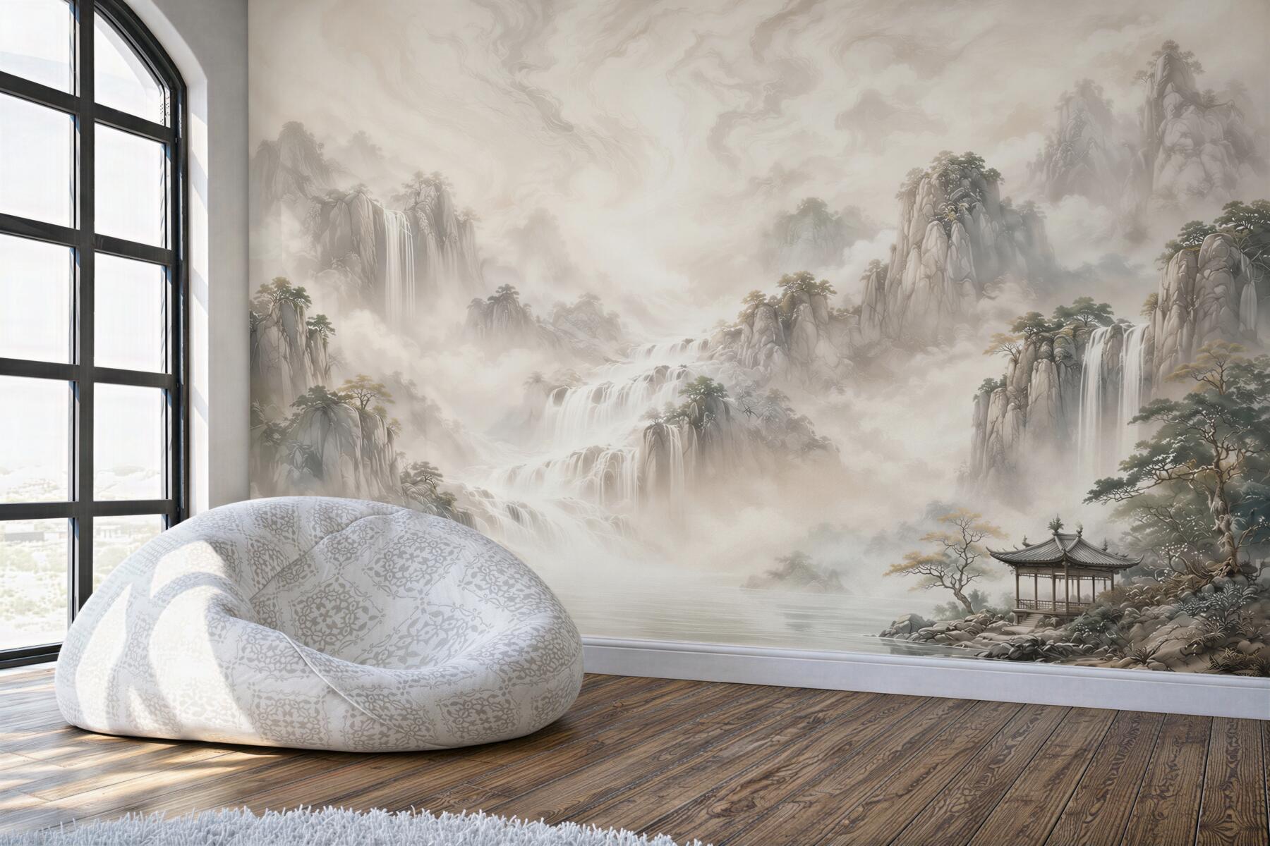 Fototapeta góry we mgle z wodospadami i pagodą w stylu orientalnym