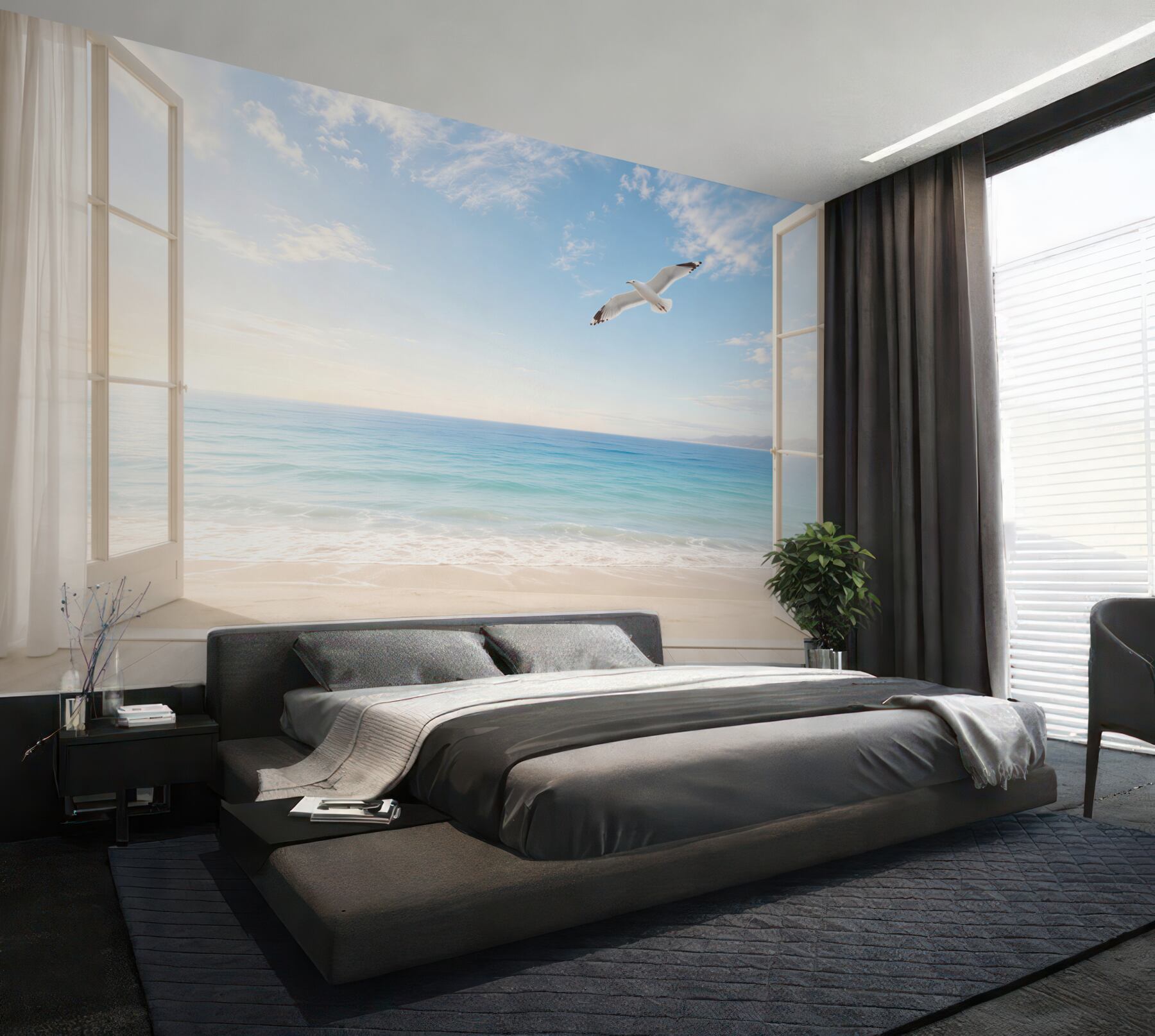 Fototapeta widok na plażę i morze przez otwarte okno z lecącą mewą?v23