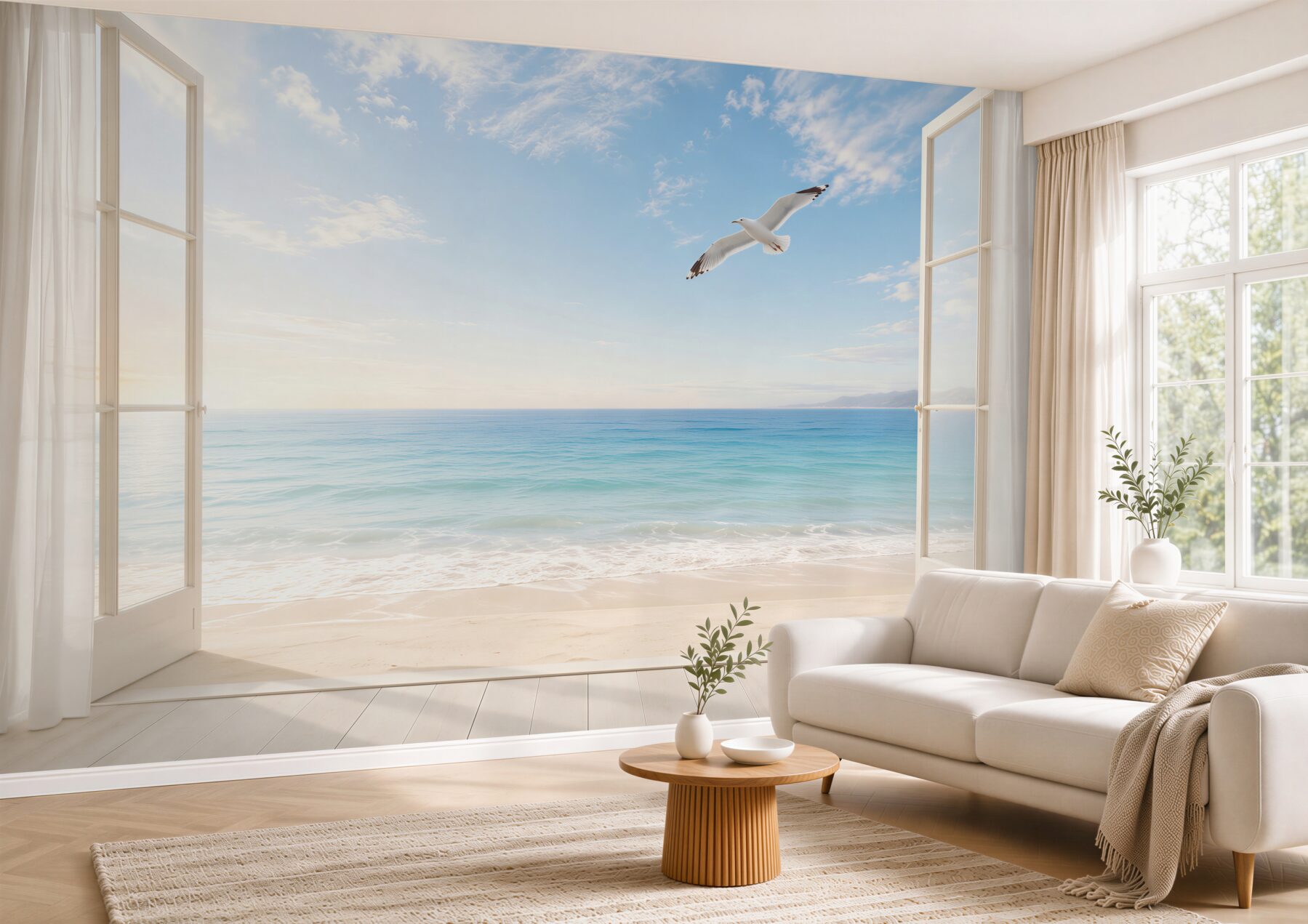 Fototapeta widok na plażę i morze przez otwarte okno z lecącą mewą?v23