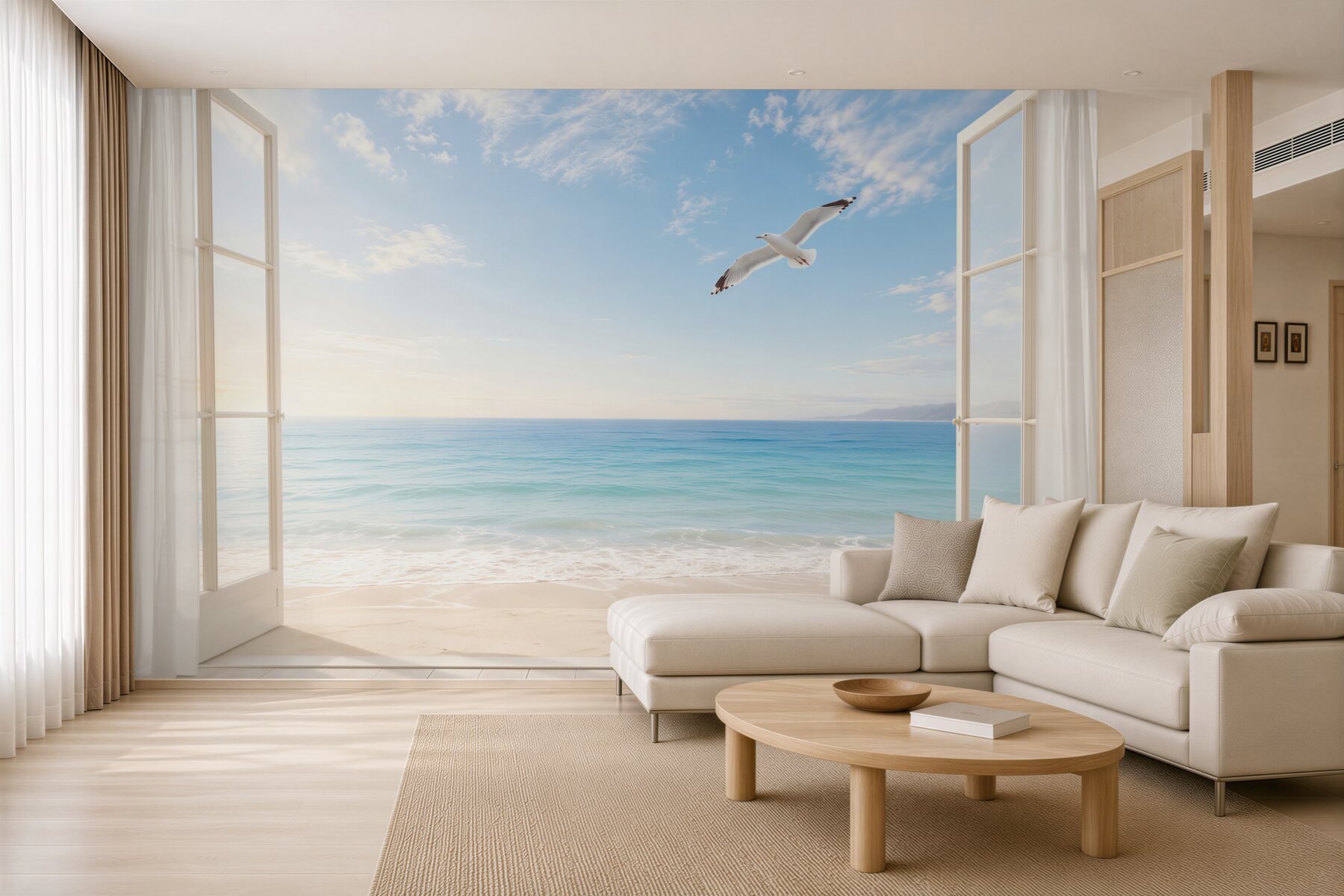Fototapeta widok na plażę i morze przez otwarte okno z lecącą mewą?v23