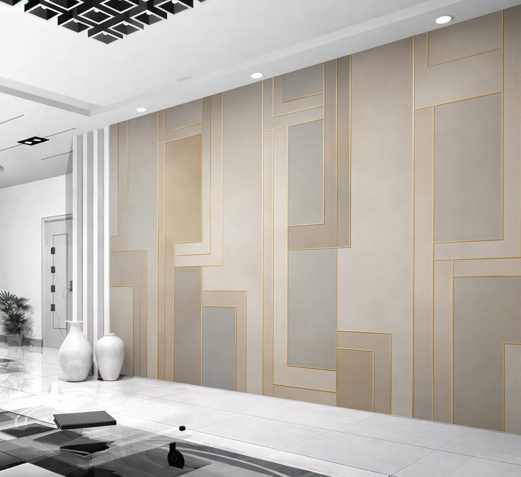 Fototapeta geometryczne panele beżowe ze złotymi liniami nowoczesna elegancja?v23