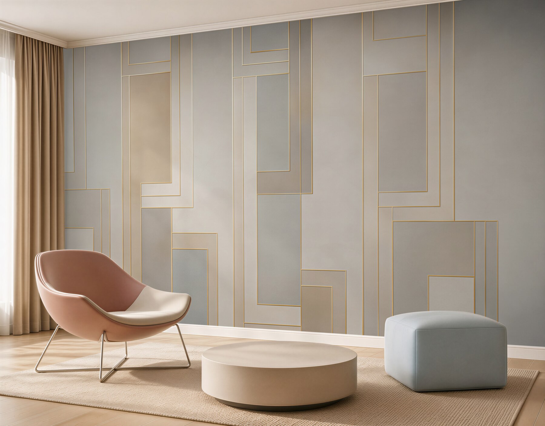 Fototapeta geometryczne panele beżowe ze złotymi liniami nowoczesna elegancja?v23