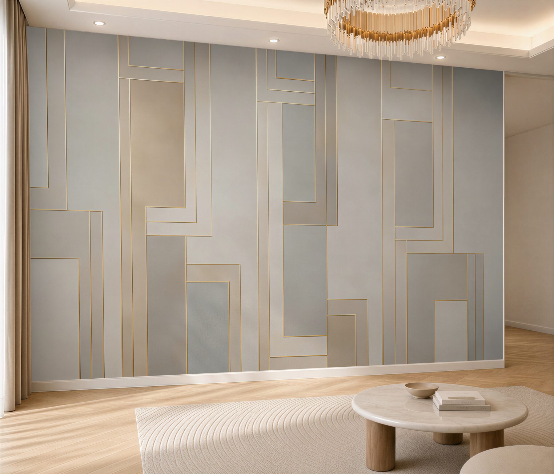 Fototapeta geometryczne panele beżowe ze złotymi liniami nowoczesna elegancja?v23