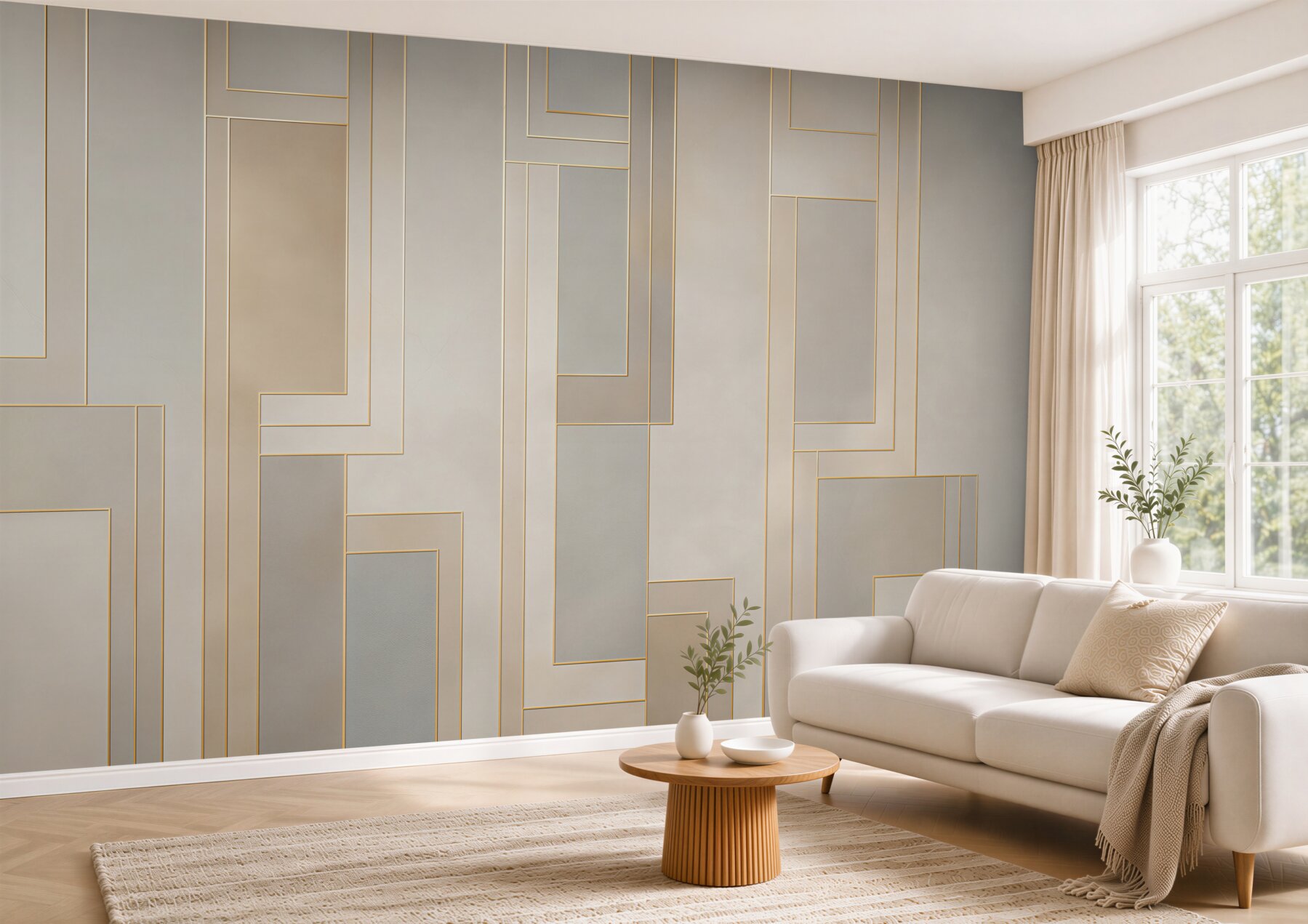 Fototapeta geometryczne panele beżowe ze złotymi liniami nowoczesna elegancja?v23