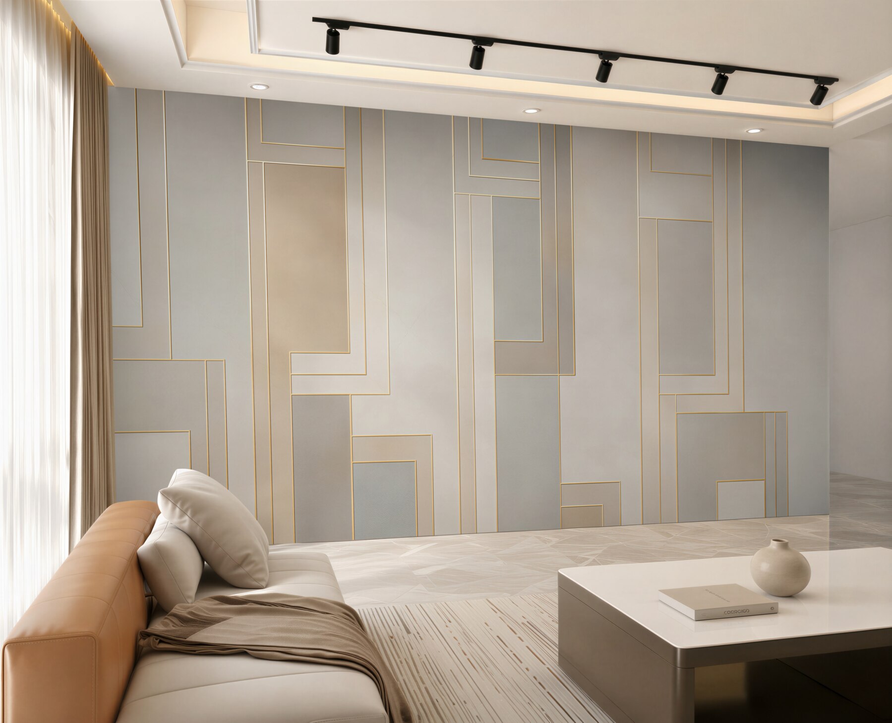 Fototapeta geometryczne panele beżowe ze złotymi liniami nowoczesna elegancja?v23