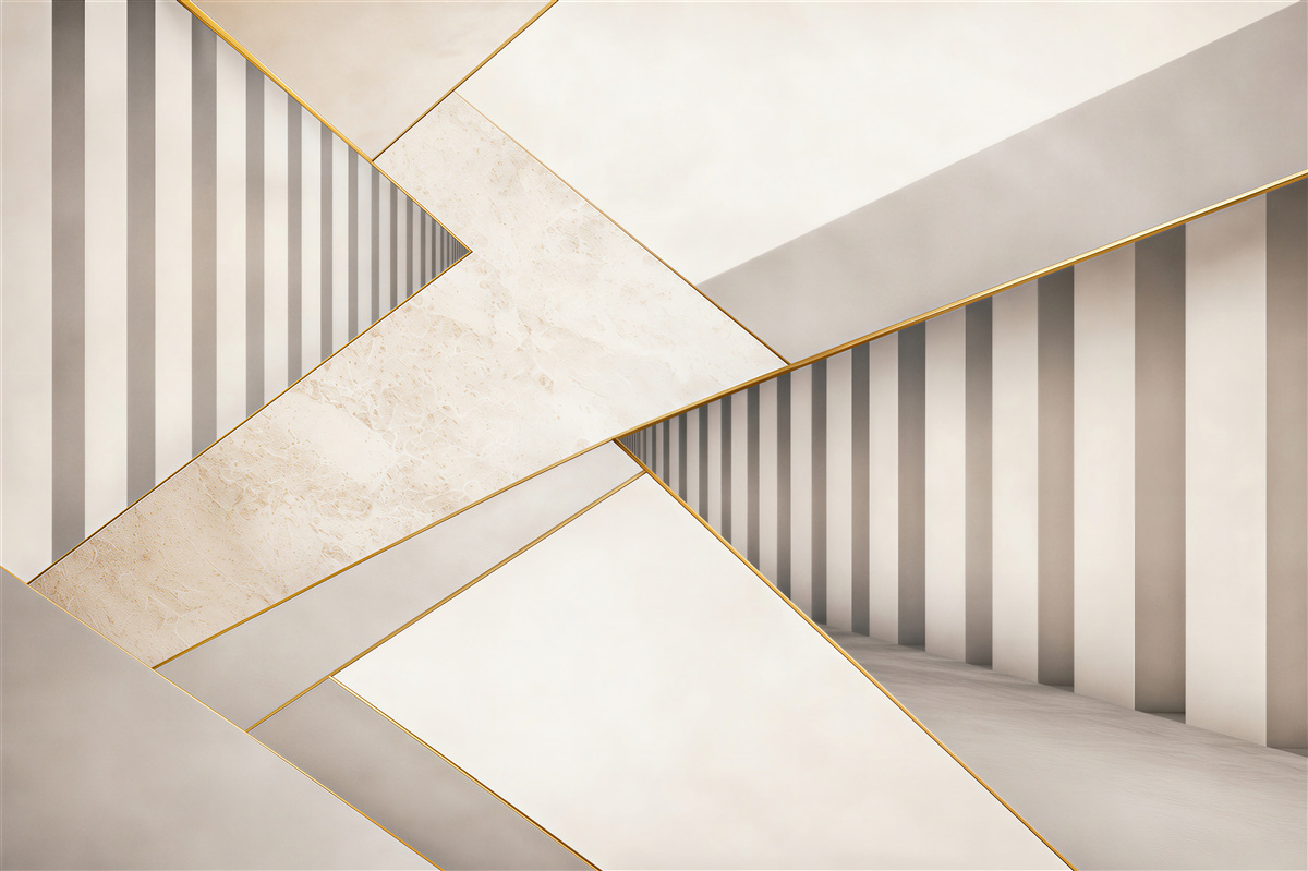 Fototapeta geometryczna 3D beżowo szara ze złotymi akcentami do salonu