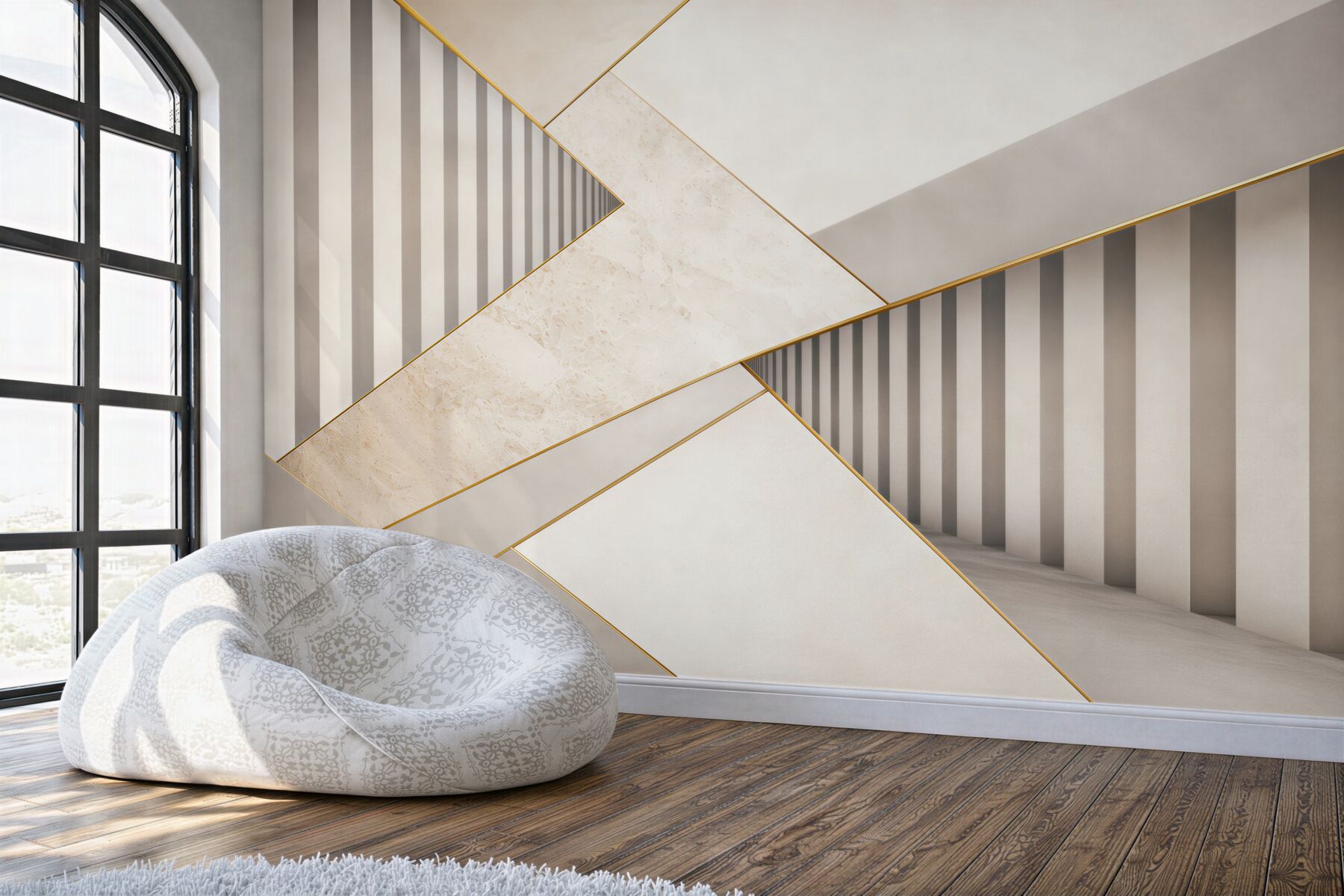 Fototapeta geometryczna 3D beżowo szara ze złotymi akcentami do salonu?v23