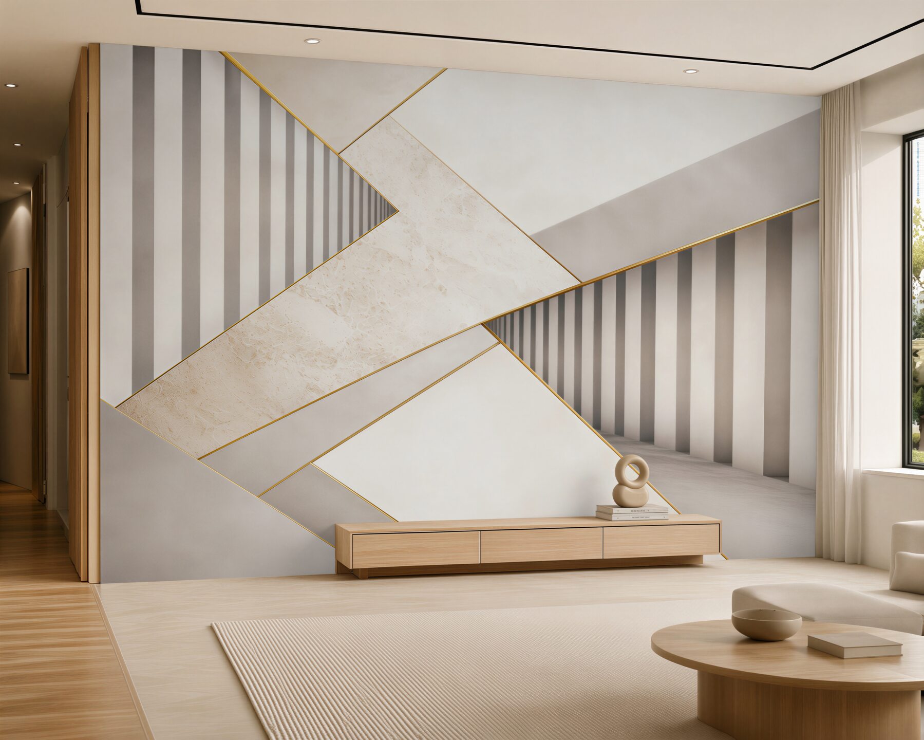 Fototapeta geometryczna 3D beżowo szara ze złotymi akcentami do salonu?v23
