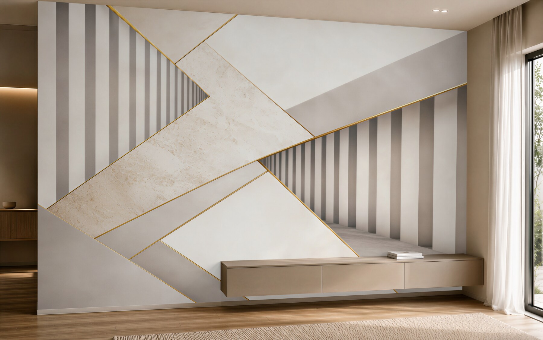 Fototapeta geometryczna 3D beżowo szara ze złotymi akcentami do salonu?v23