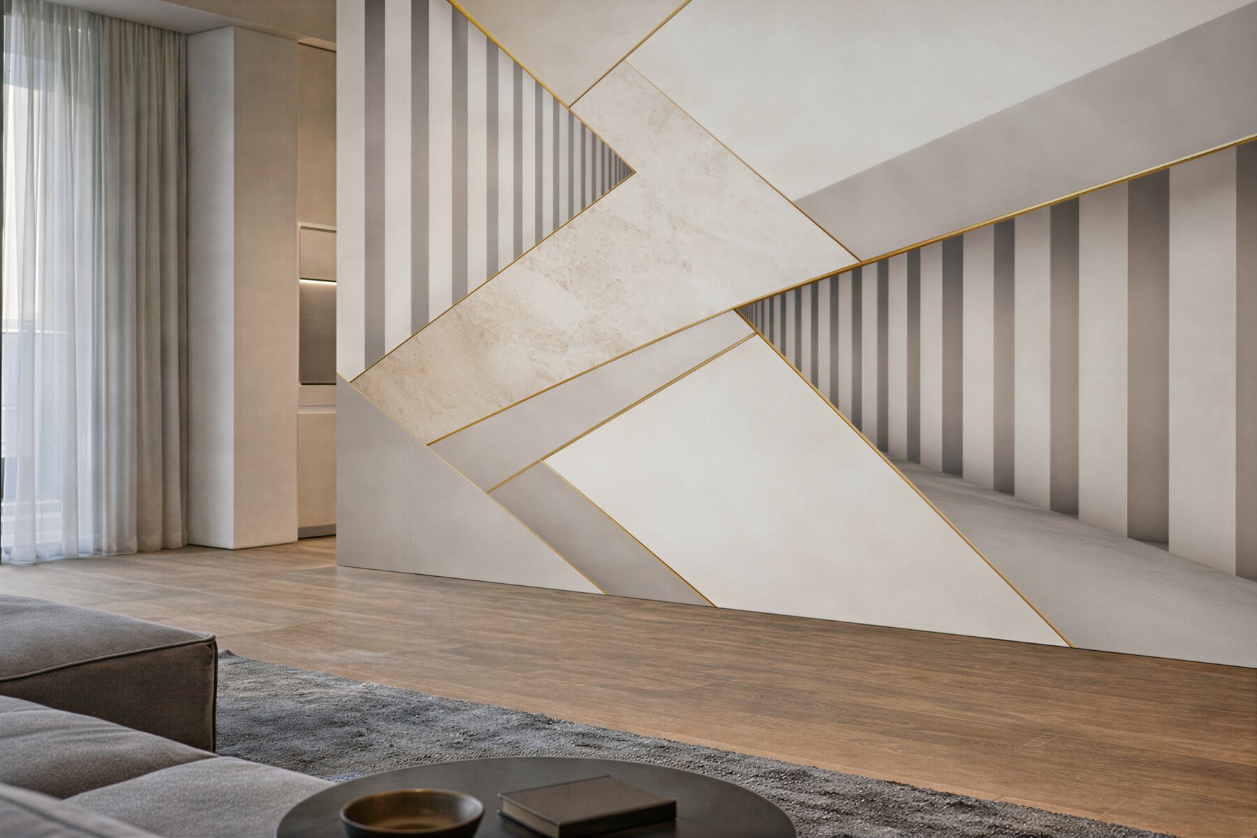 Fototapeta geometryczna 3D beżowo szara ze złotymi akcentami do salonu?v23