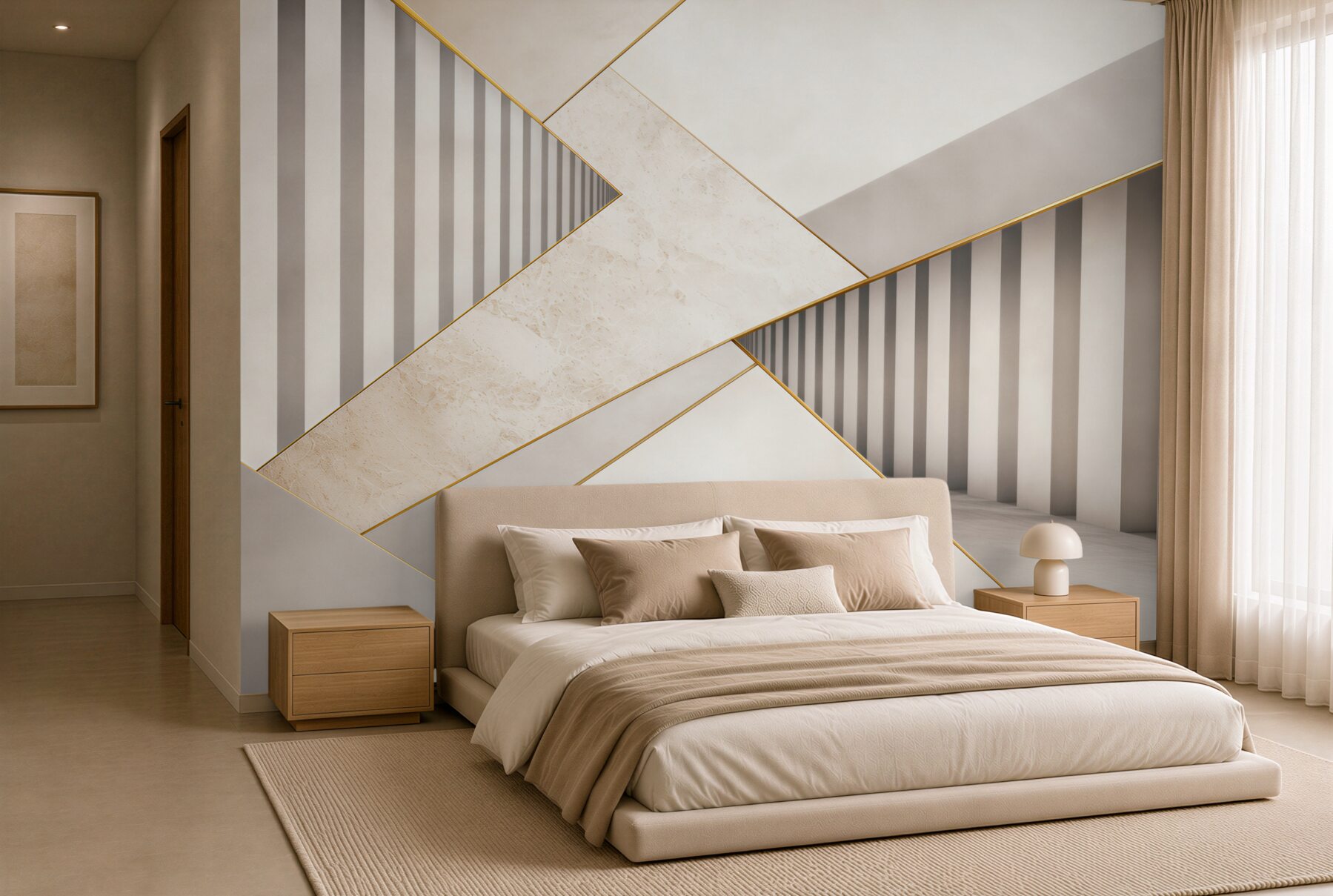 Fototapeta geometryczna 3D beżowo szara ze złotymi akcentami do salonu?v23