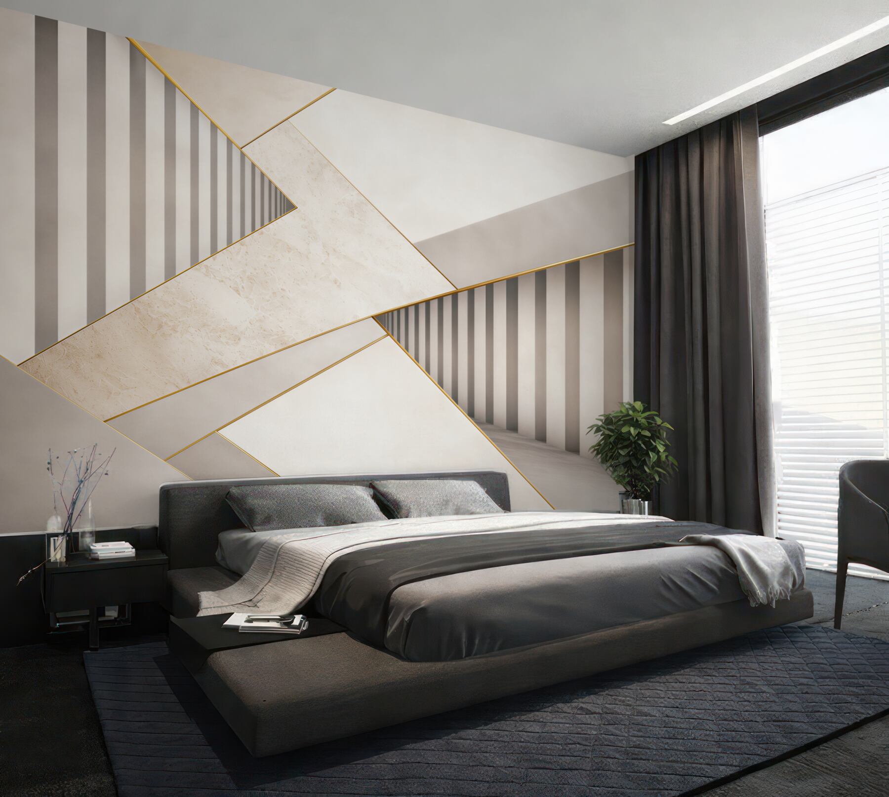 Fototapeta geometryczna 3D beżowo szara ze złotymi akcentami do salonu?v23