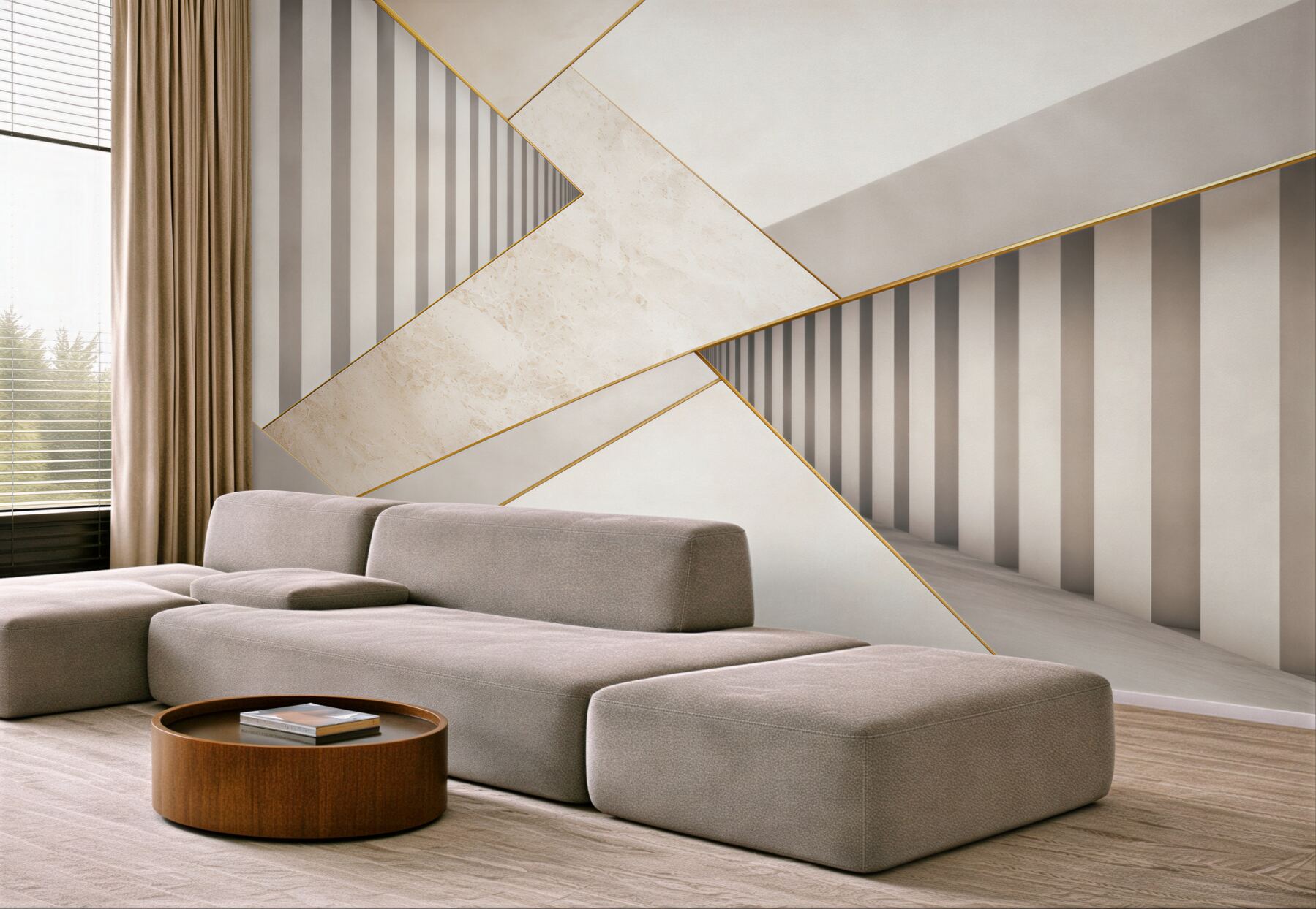 Fototapeta geometryczna 3D beżowo szara ze złotymi akcentami do salonu?v23