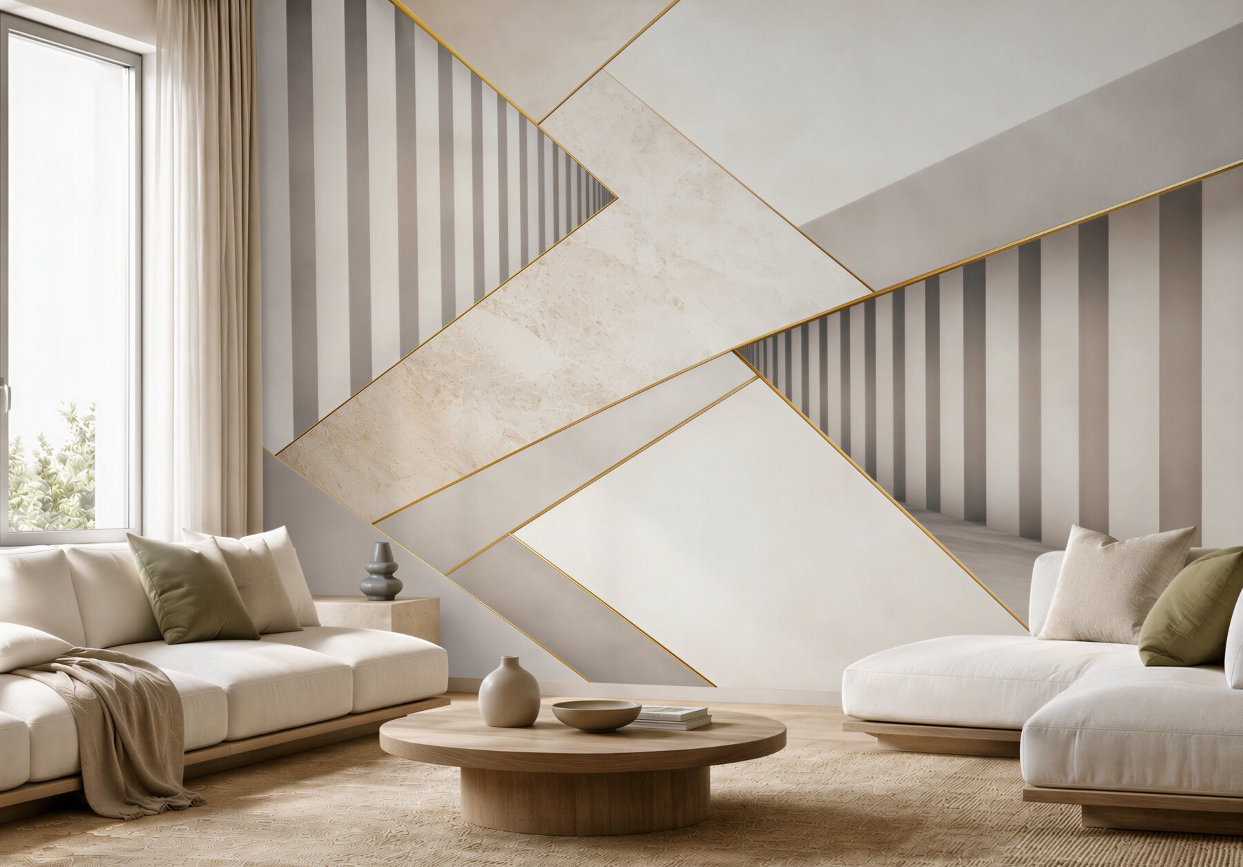 Fototapeta geometryczna 3D beżowo szara ze złotymi akcentami do salonu?v23