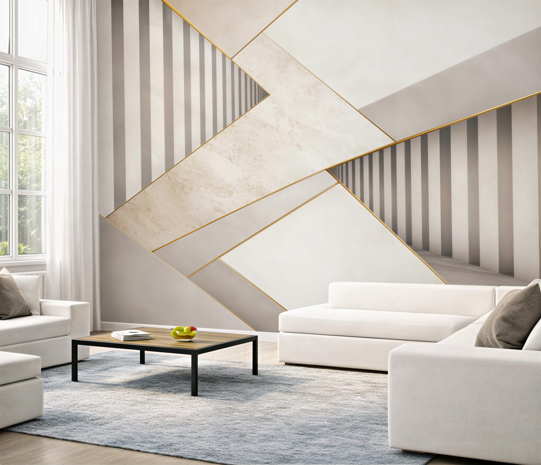Fototapeta geometryczna 3D beżowo szara ze złotymi akcentami do salonu?v23