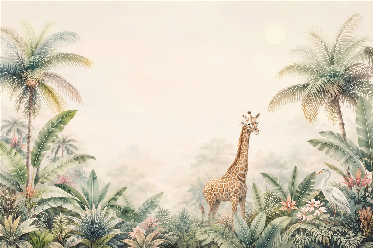 Fototapeta żyrafa wśród palm i egzotycznych roślin pastelowa safari
