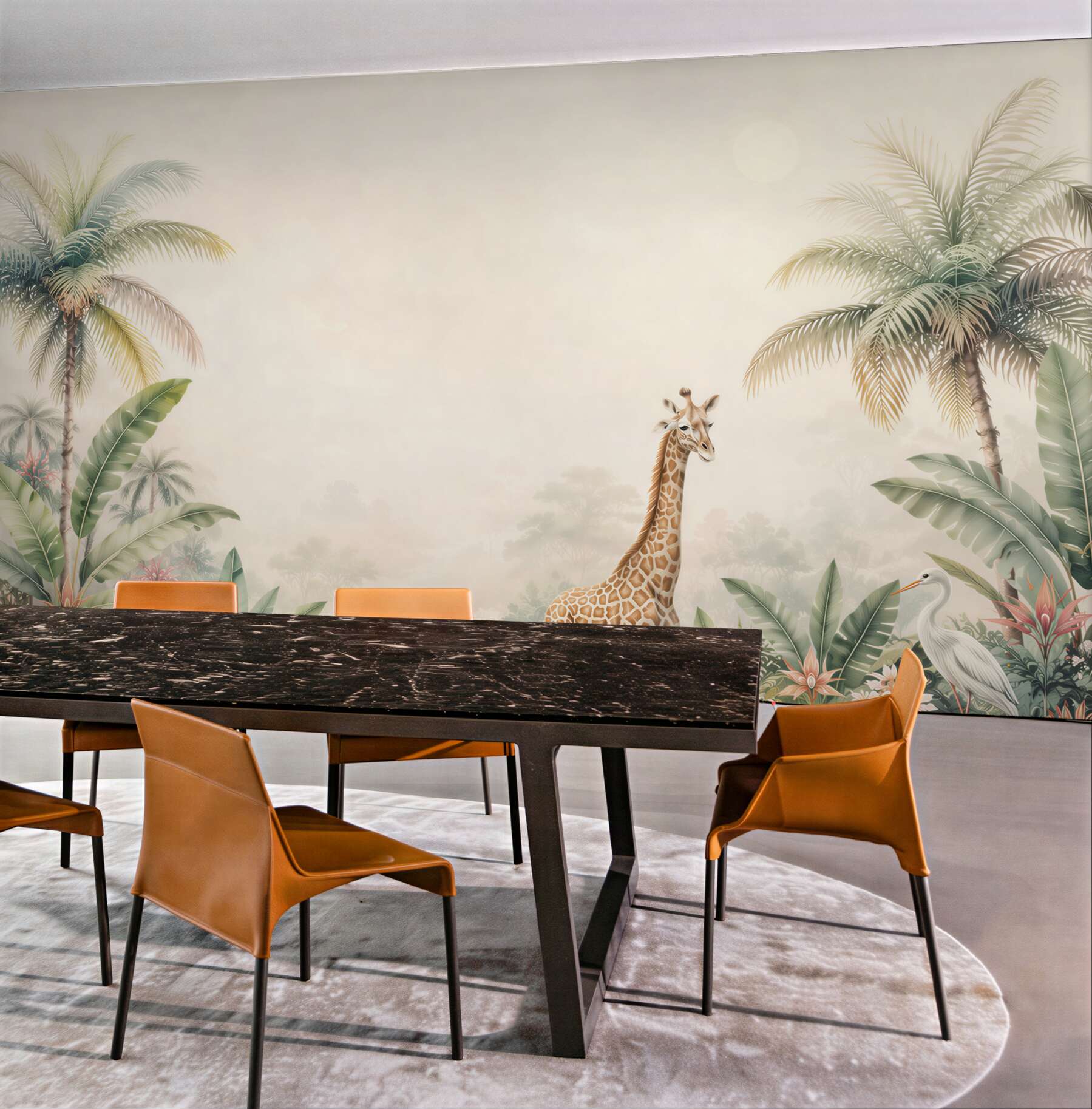 Fototapeta żyrafa wśród palm i egzotycznych roślin pastelowa safari?v23