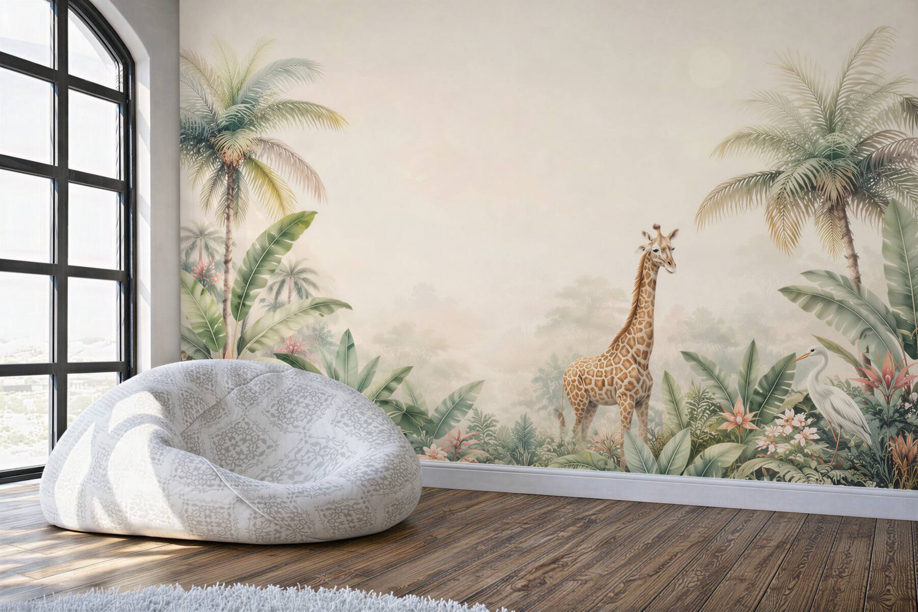 Fototapeta żyrafa wśród palm i egzotycznych roślin pastelowa safari?v23
