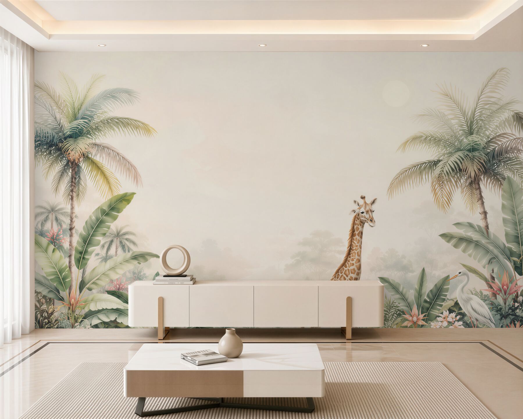 Fototapeta żyrafa wśród palm i egzotycznych roślin pastelowa safari?v23