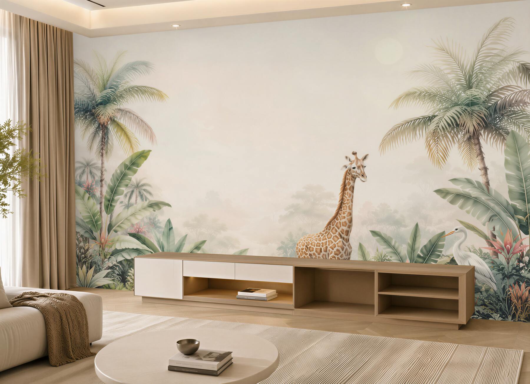 Fototapeta żyrafa wśród palm i egzotycznych roślin pastelowa safari?v23