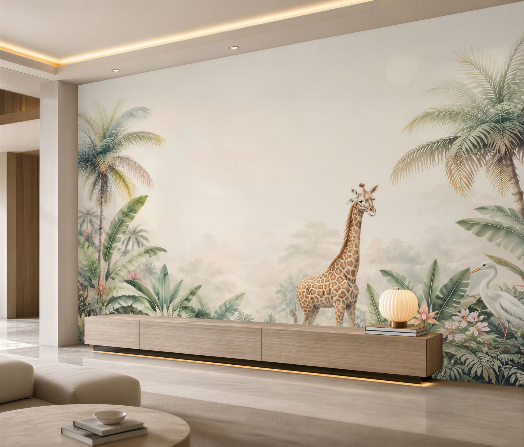 Fototapeta żyrafa wśród palm i egzotycznych roślin pastelowa safari