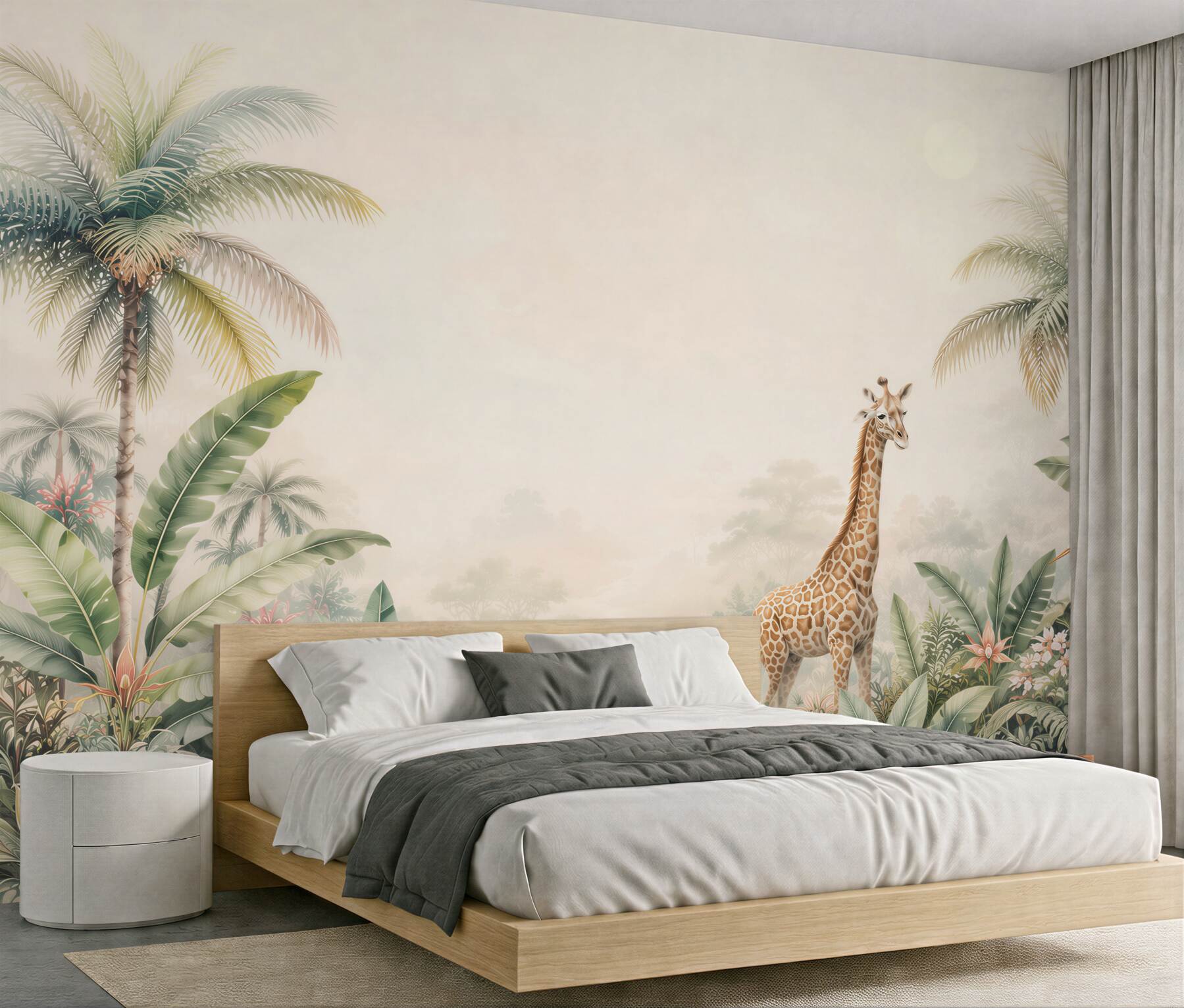 Fototapeta żyrafa wśród palm i egzotycznych roślin pastelowa safari?v23
