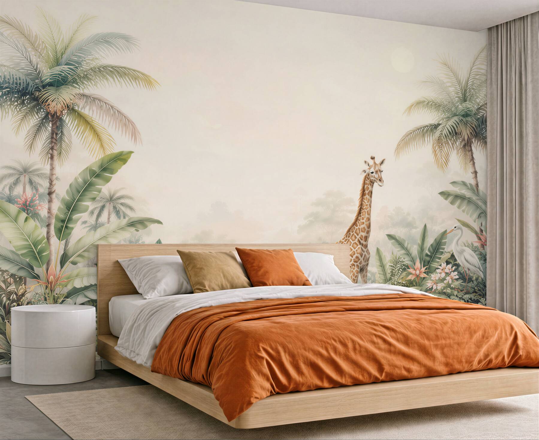 Fototapeta żyrafa wśród palm i egzotycznych roślin pastelowa safari?v23