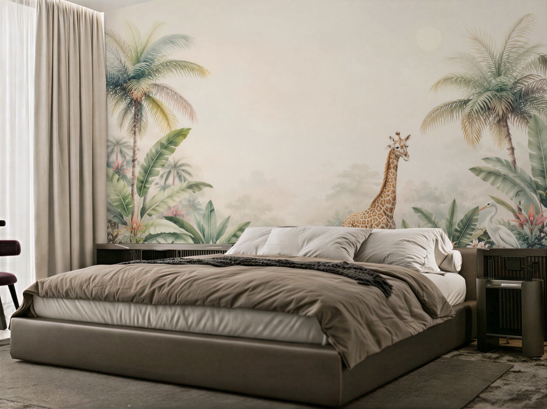 Fototapeta żyrafa wśród palm i egzotycznych roślin pastelowa safari?v23