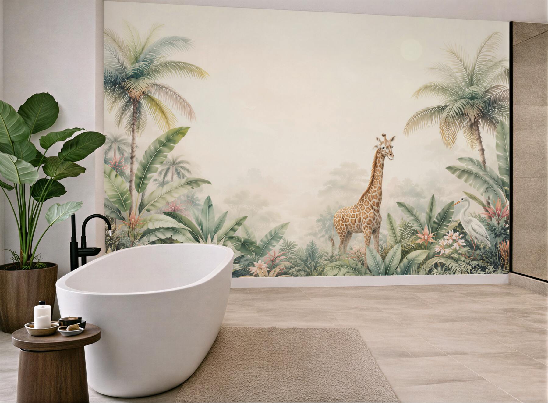 Fototapeta żyrafa wśród palm i egzotycznych roślin pastelowa safari?v23