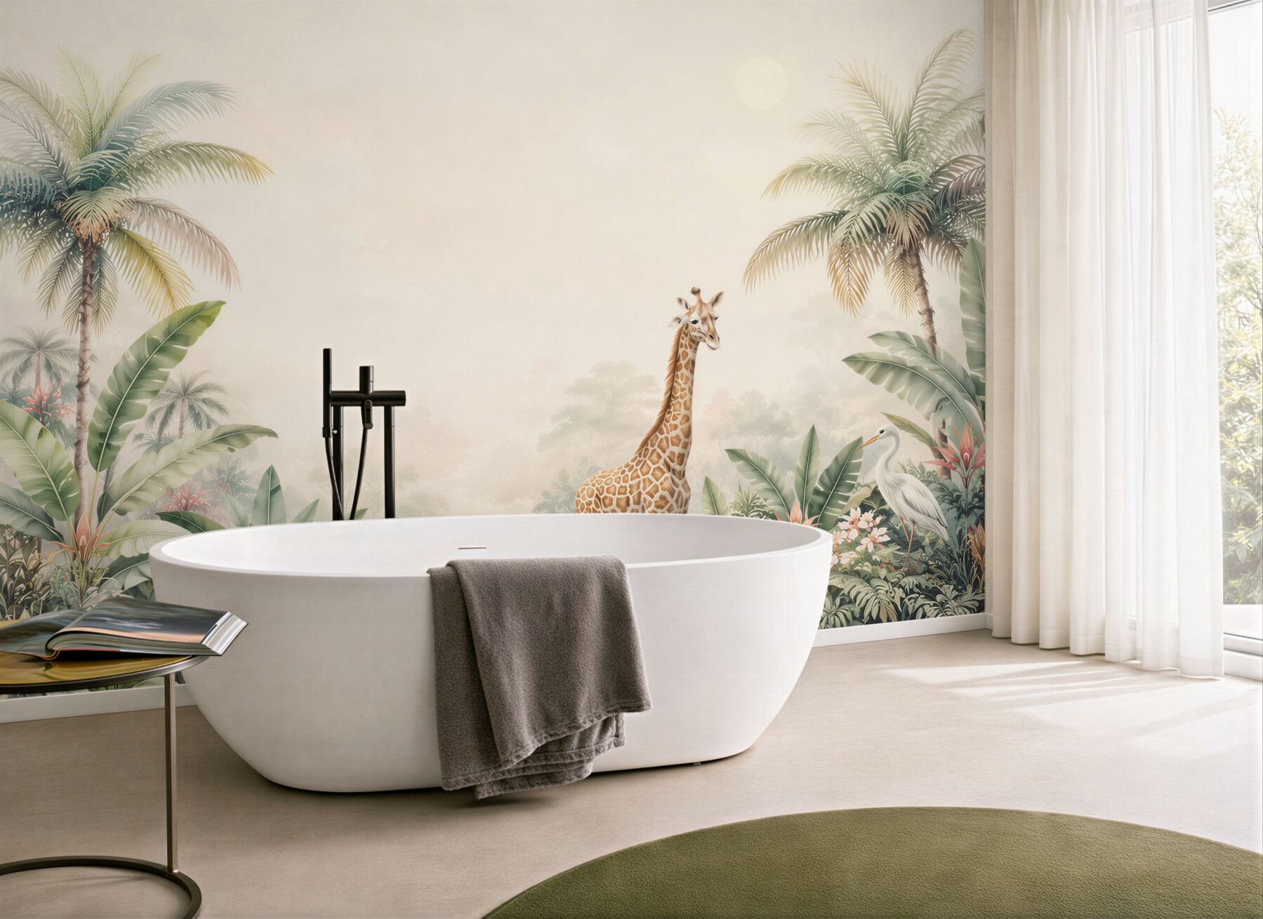 Fototapeta żyrafa wśród palm i egzotycznych roślin pastelowa safari?v23